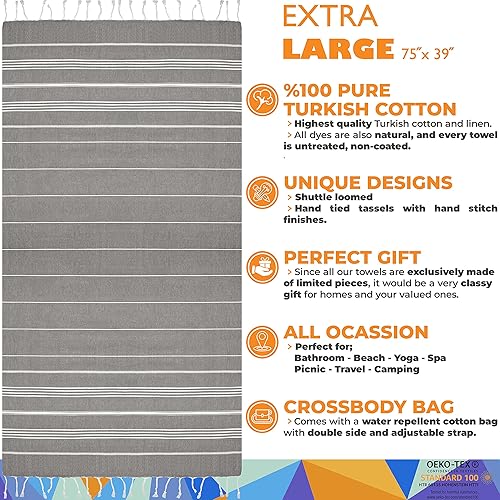 Miniatura 3 de Madamelique Toalla de playa turca con bolsa de playa, 39 x 74 pulgadas, toallas de playa prelavadas de gran tamaño, 100 % algodón, secado rápido,
