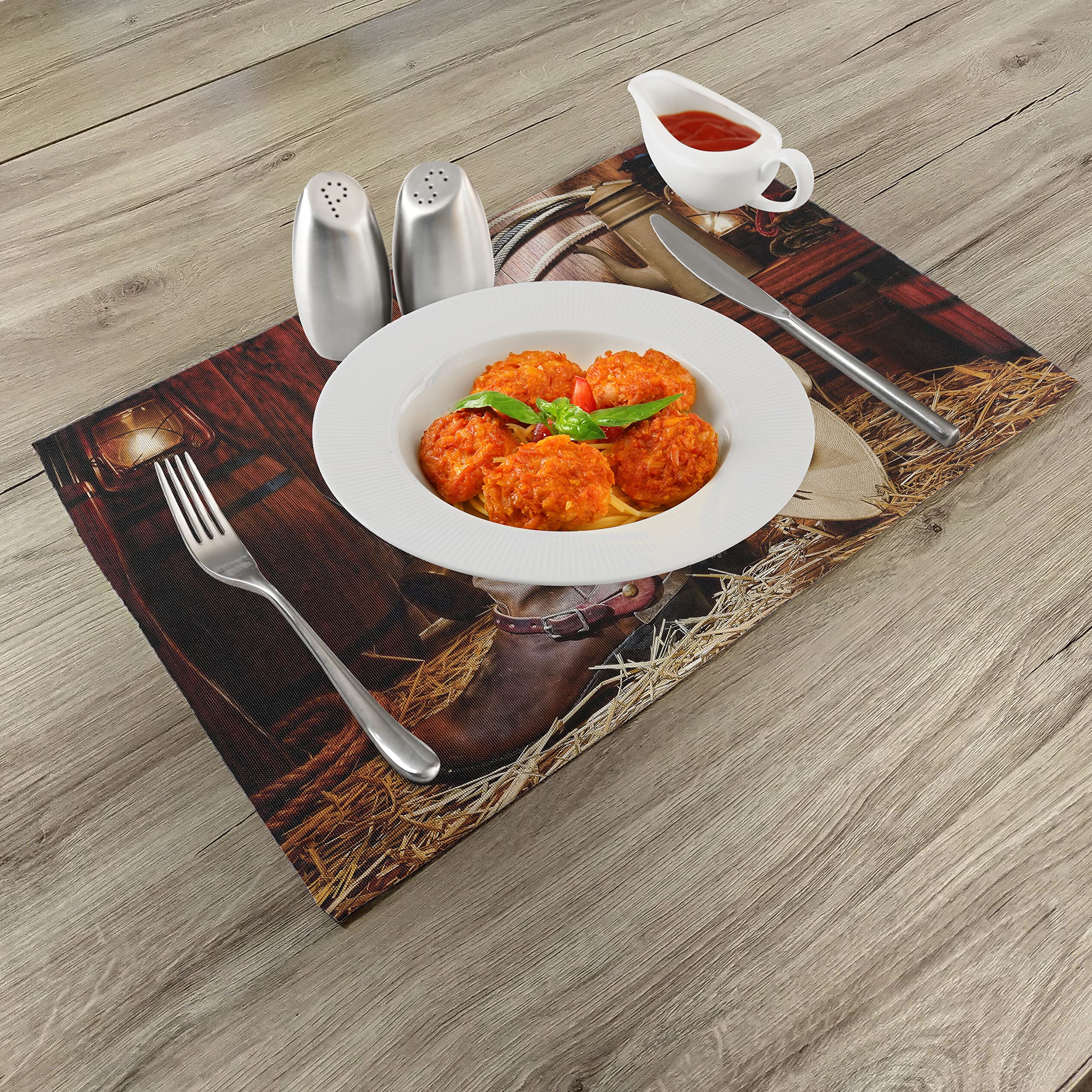 ABAKUHAUS Rodeo Tovaglietta Americana Set di 4, Cowboy Caduta da Cavallo, Tovagliette in Tessuto Lavabile per Tavolo da Pranzo Cena, Multicolore