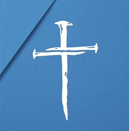 Cross of Nails Vinyl Decal Sticker +Bonus, Christian Religious Cross with Nails for Cars, Trucks, Laptops, Jesus Christ (White, 6x4 inch)