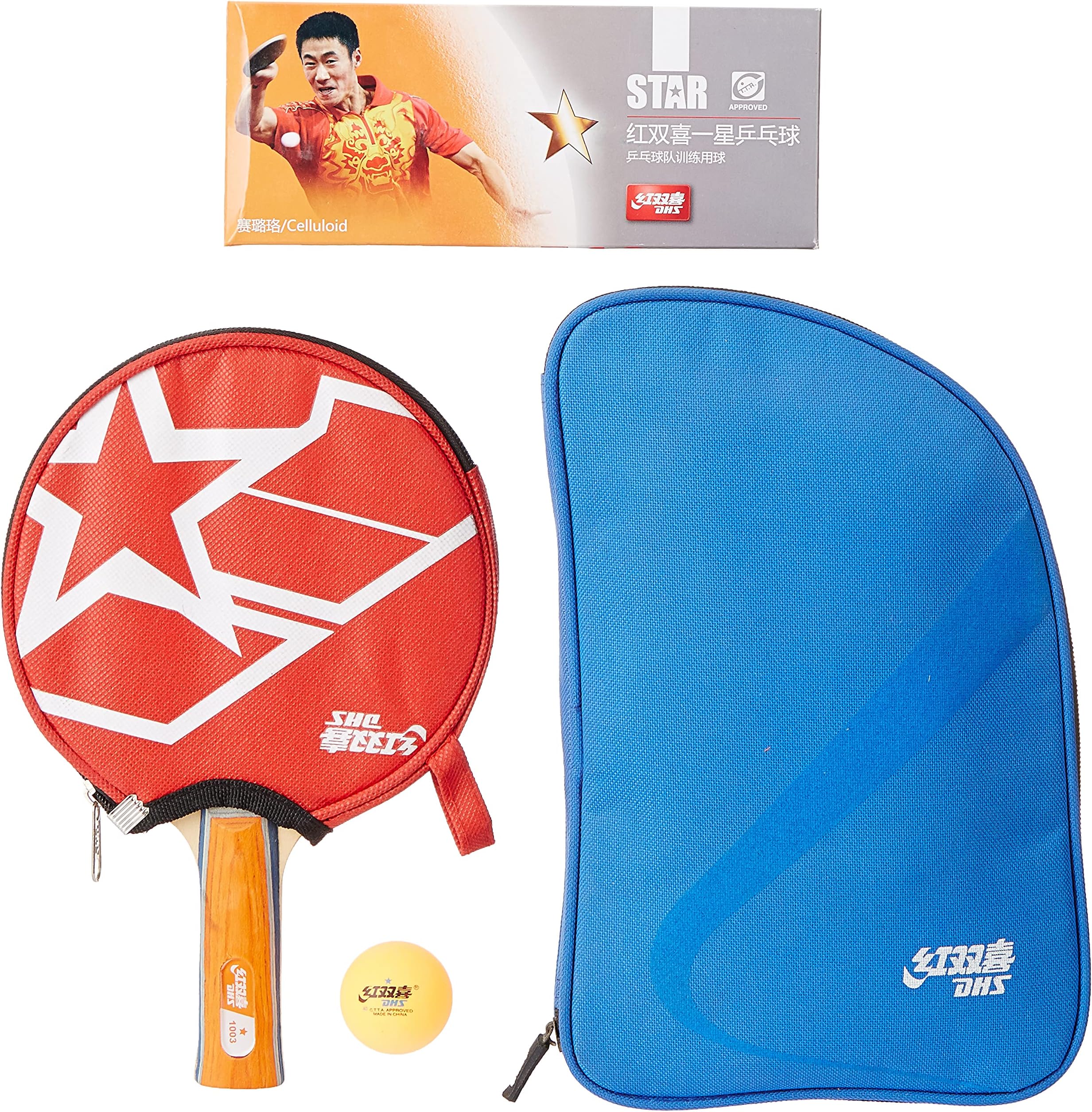 TT BAT A1003 DHS WITH TT BALL DHS 40MM 1 STAR ORANGE (60 Pcs Box) AND TT BAT COVER RC104 DHS BLUE