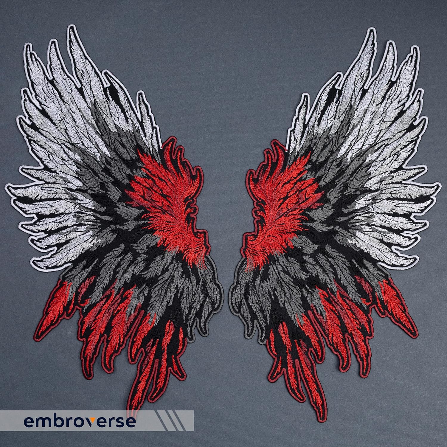 EMBROVERSE Angel Demon Wings Large Back Patch – Gothic Fantasy Iron-On Red and White Feather Set, 15.5 x 14.6 inches