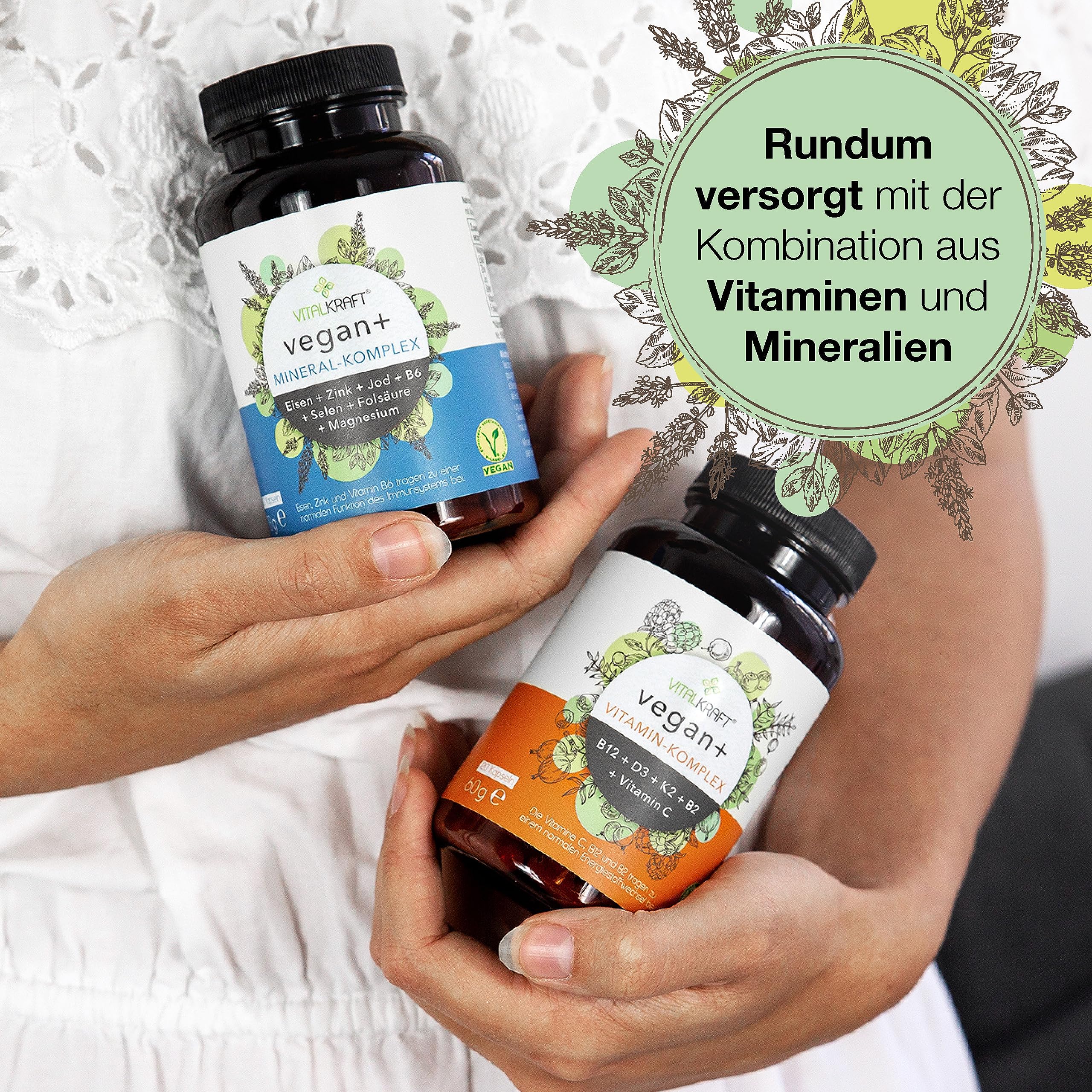 Vegan+ Set Vitamin & Mineral-Komplex, hochdosierte Kapseln mit den Vitaminen B12 + D3 + K2 + B2 + Vitamin C mit Magnesium, Eisen, Zink, Jod, Selen, B6 und Folsäure