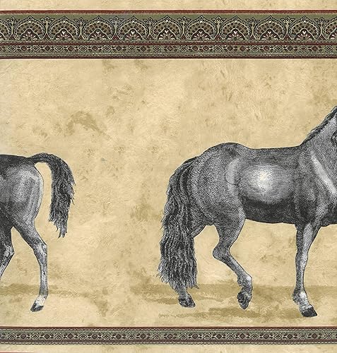 Dundee Deco BD6030 - Borde de papel pintado prepegado, color beige, verde, granate, caballos, diseño retro, 15 pies x 10.24 pulgadas (15.0 ft x 10.2