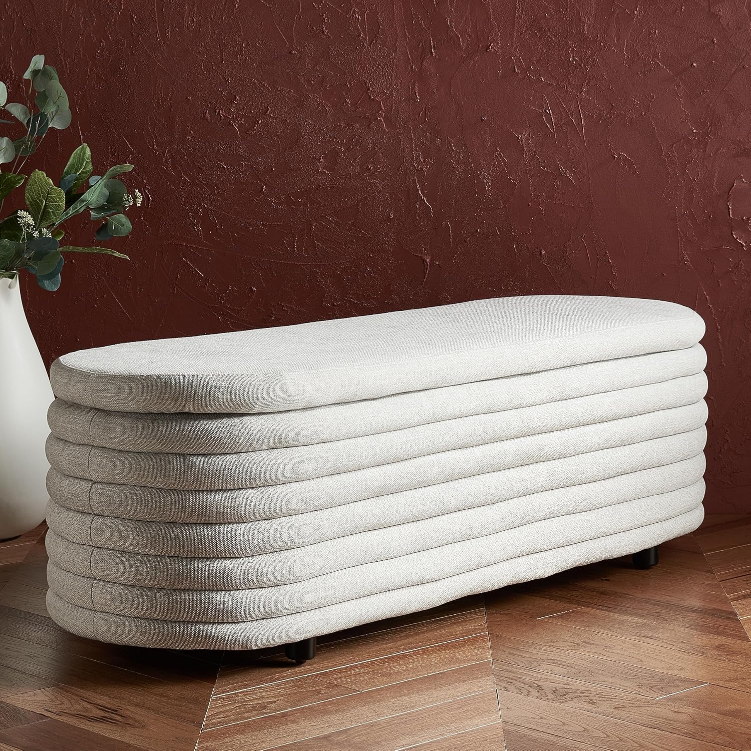 SAFAVIEH Couture Collection Jaymie Contemporary Taupe Linen/Black Oval Storage Bench