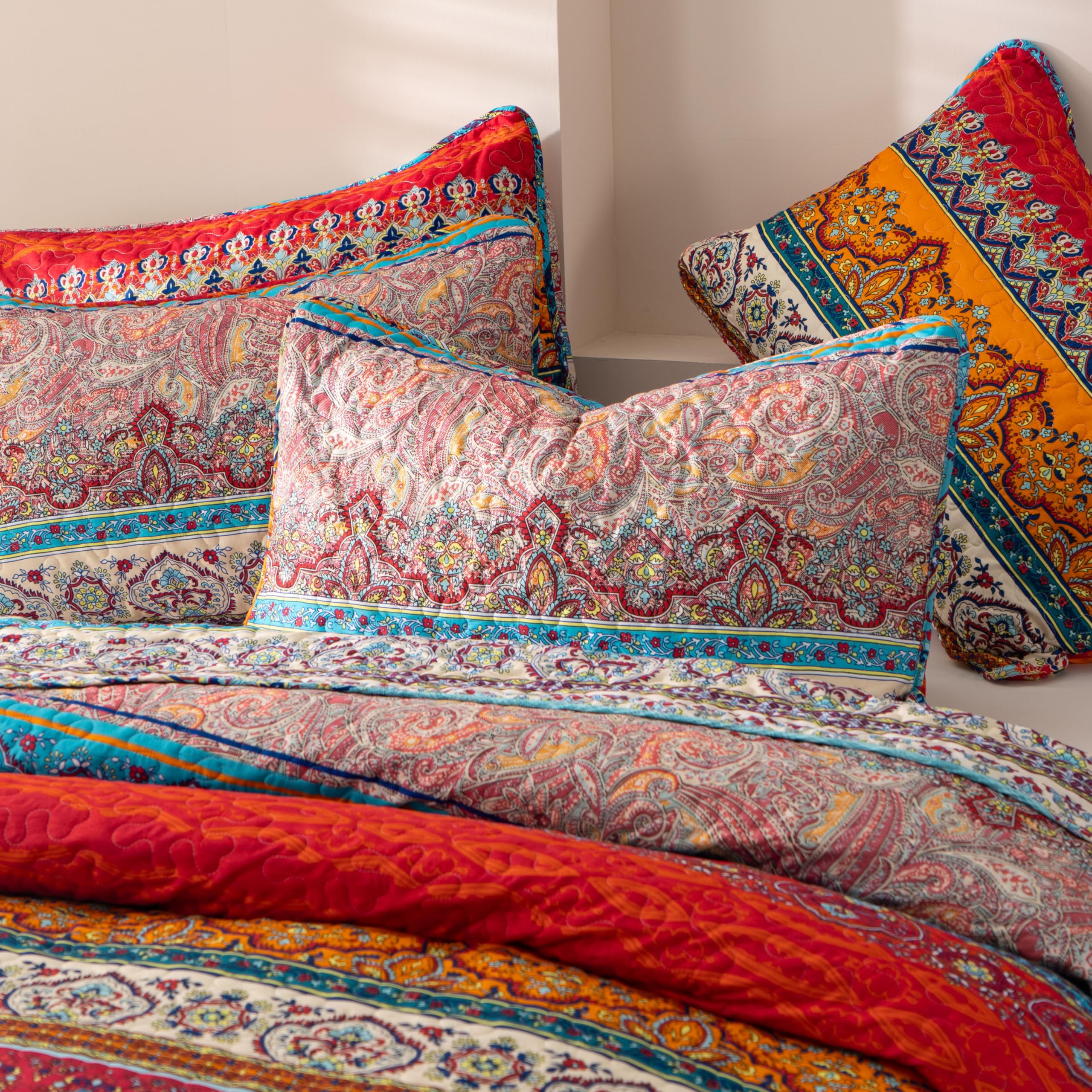 Set di biancheria da letto bohémien, per letto matrimoniale, 3 pezzi, in morbida microfibra, leggero, colorato, con copriletto a righe, esotico, giallo, arancione, bohémien, set di biancheria