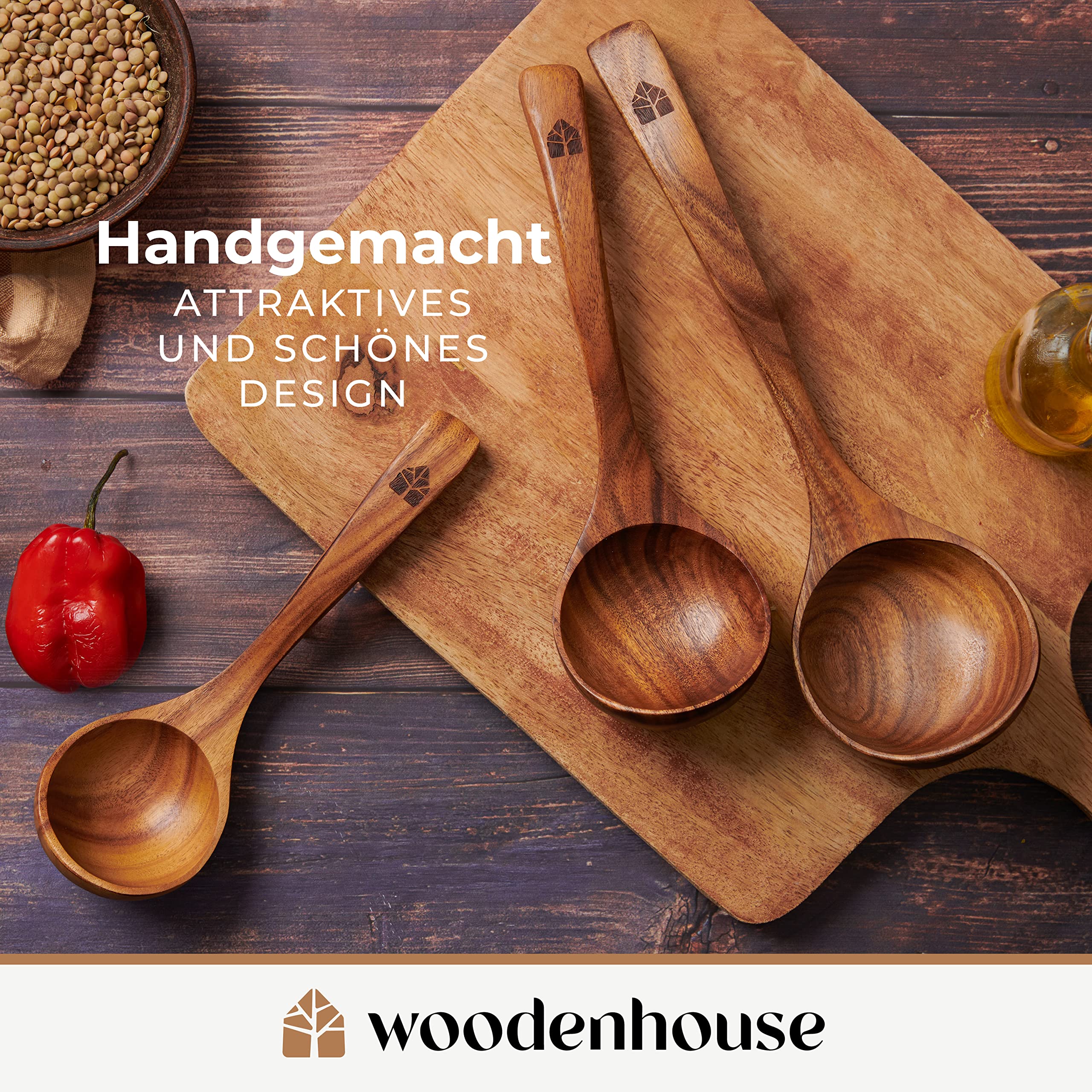 Suppenkelle Holz Set, 3-teilig aus Teakholz - Robustes & nachhaltiges Holzkochlöffel Set - BPA-FREI Schöpflöffel in Groß, Mittel und Klein - Verschiedene Größen für unterschiedliche Kochaufgaben