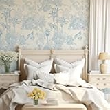 RollsRolla Toile Blue and White Peel and Stick Wallpaper Accent Wall French Chinoiserie Style Country Farmhouse Temporary for Apartments Nursery Wallpaper