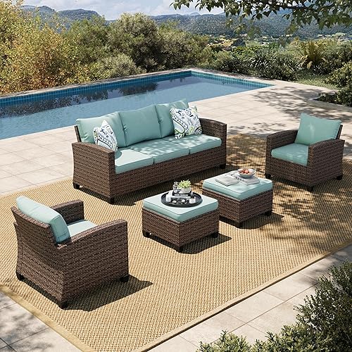 HERA'S HOUSE 5 Pieces Wicker Patio Furniture Outdoor Furniture Set, 7 Seats Patio Conversation Sofa Sets for Lawn Deck Backyard, Blue
