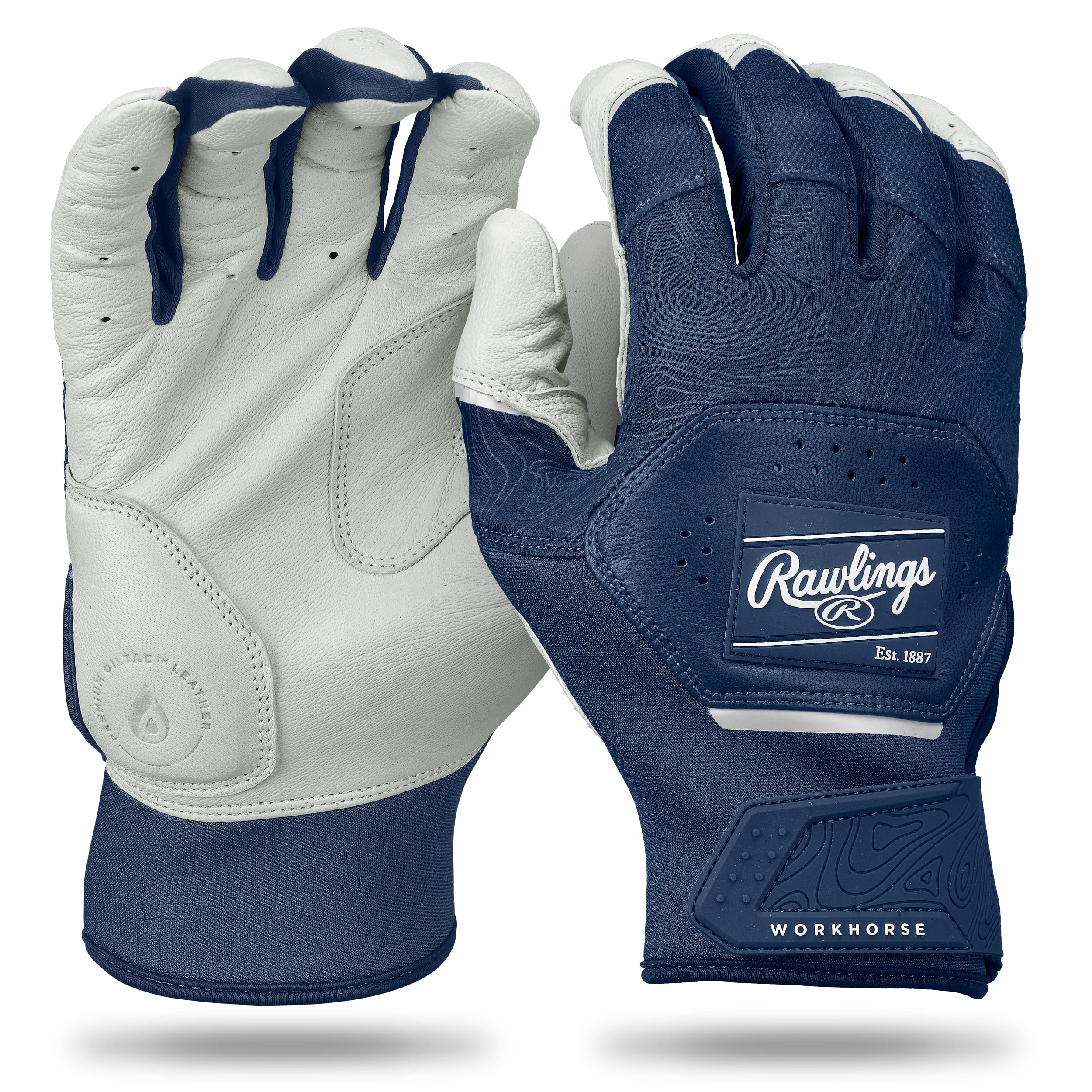 Rawlings | Workhorse Adult Baseball Batting Gloves | White/Navy | Med