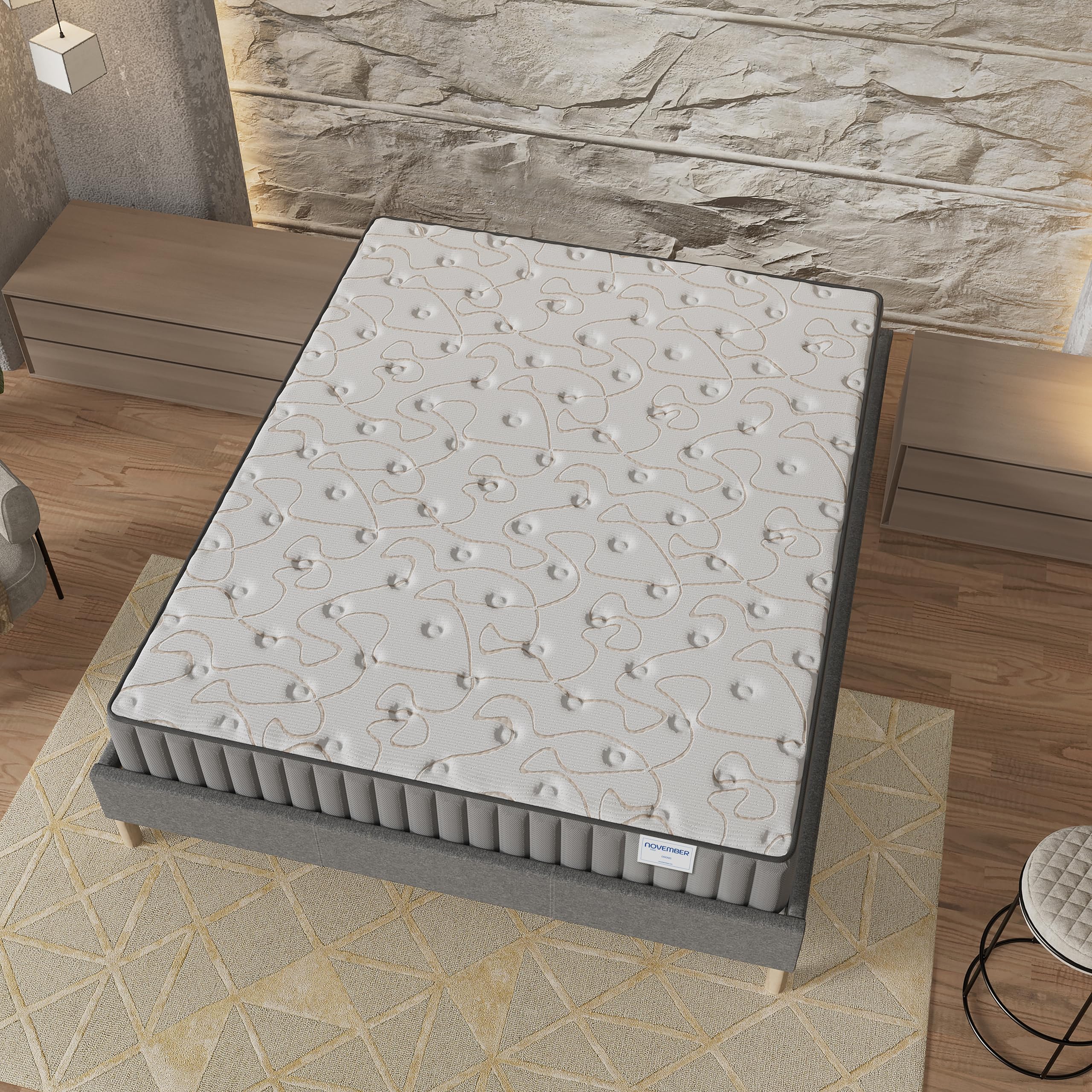 NOVEMBER- Ensemble Matelas + sommier (160 x 200cm)- Matelas Orionis Mousse Mémoire de Forme & Mousse Haute Densité d’épaisseur 22cm + Sommier Bois Stable & Robuste revêtement Tissu Gris
