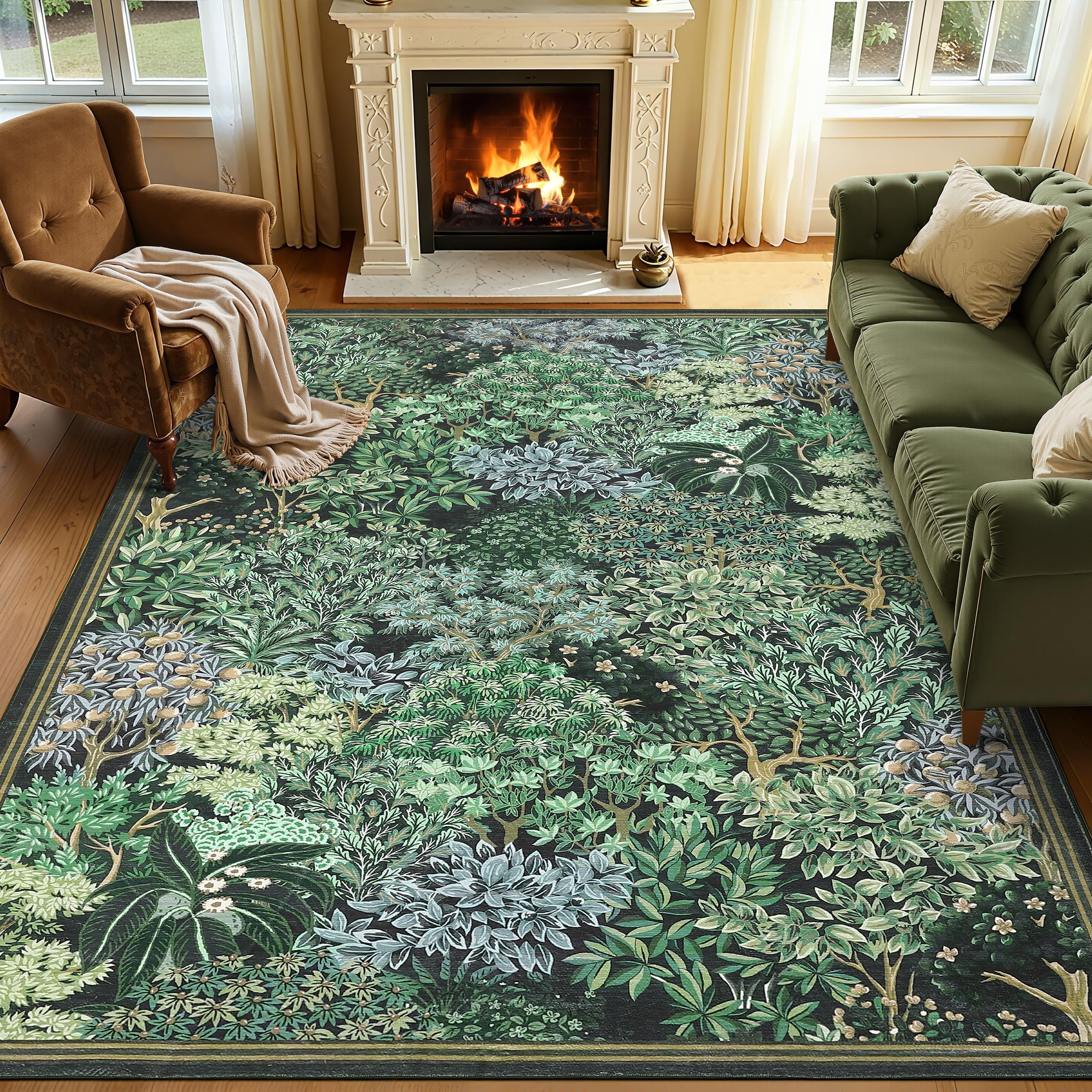GarveeHome Forest Rugs 5x7, Blue Green Washable Area Rugs for Living Room 5x7, Botanical Low Pile Non Slip Stain Resistance Woodland Rug for Farmhouse