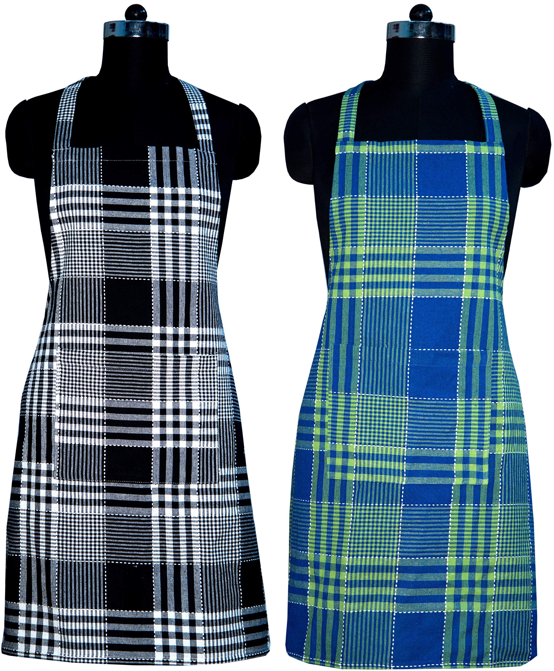 RAKSHA- Cotton Apron, 100% Cotton with Front Center Pocket with 2 Long Ties on Both 2 Sides -Pack of 2 (Black and Green)