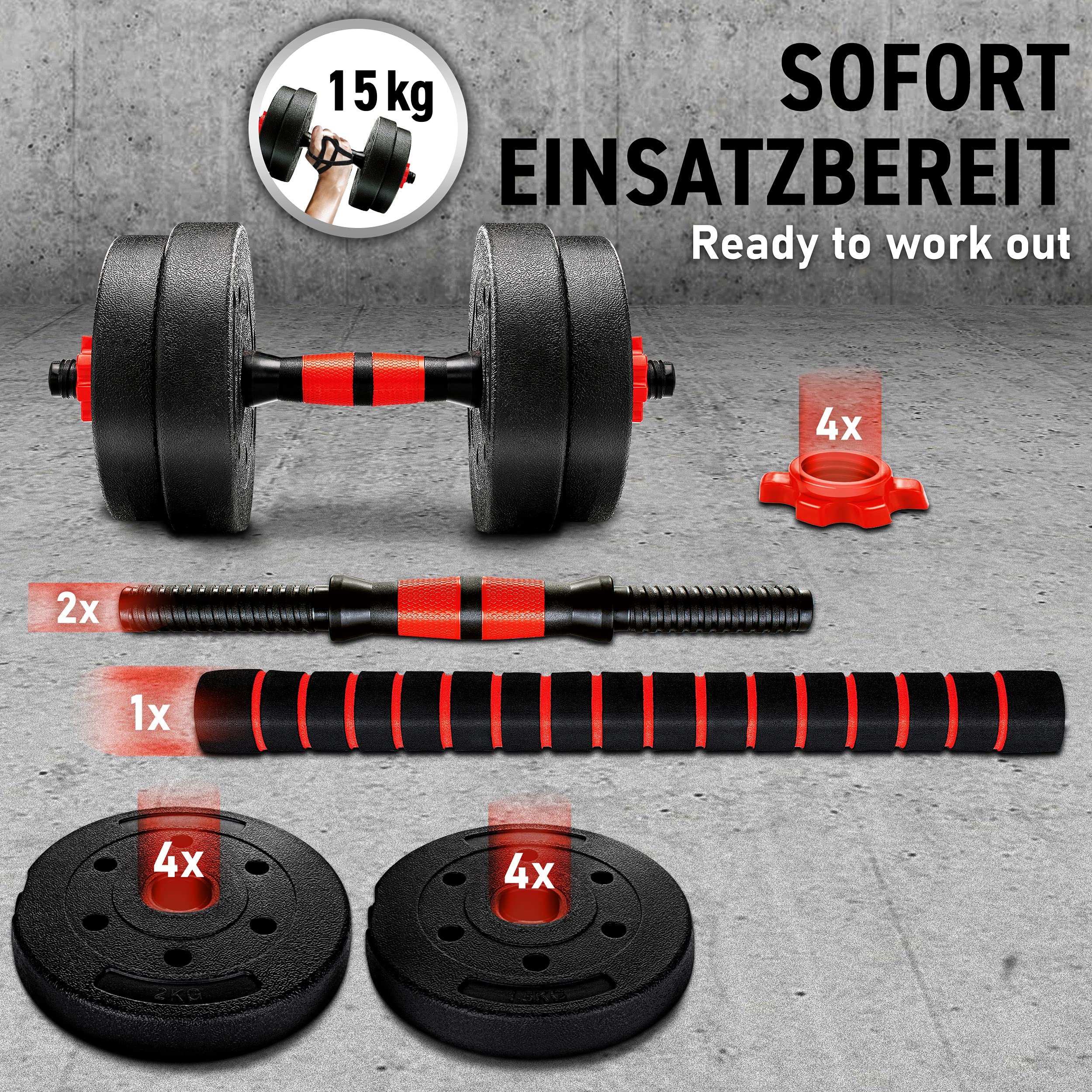 RE:SPORT Zestaw hantli 2 w 1 15 kg | zestaw hantli regulowanych | hantle krótkie i długie | zaciski gwiazdowe i rura łącząca