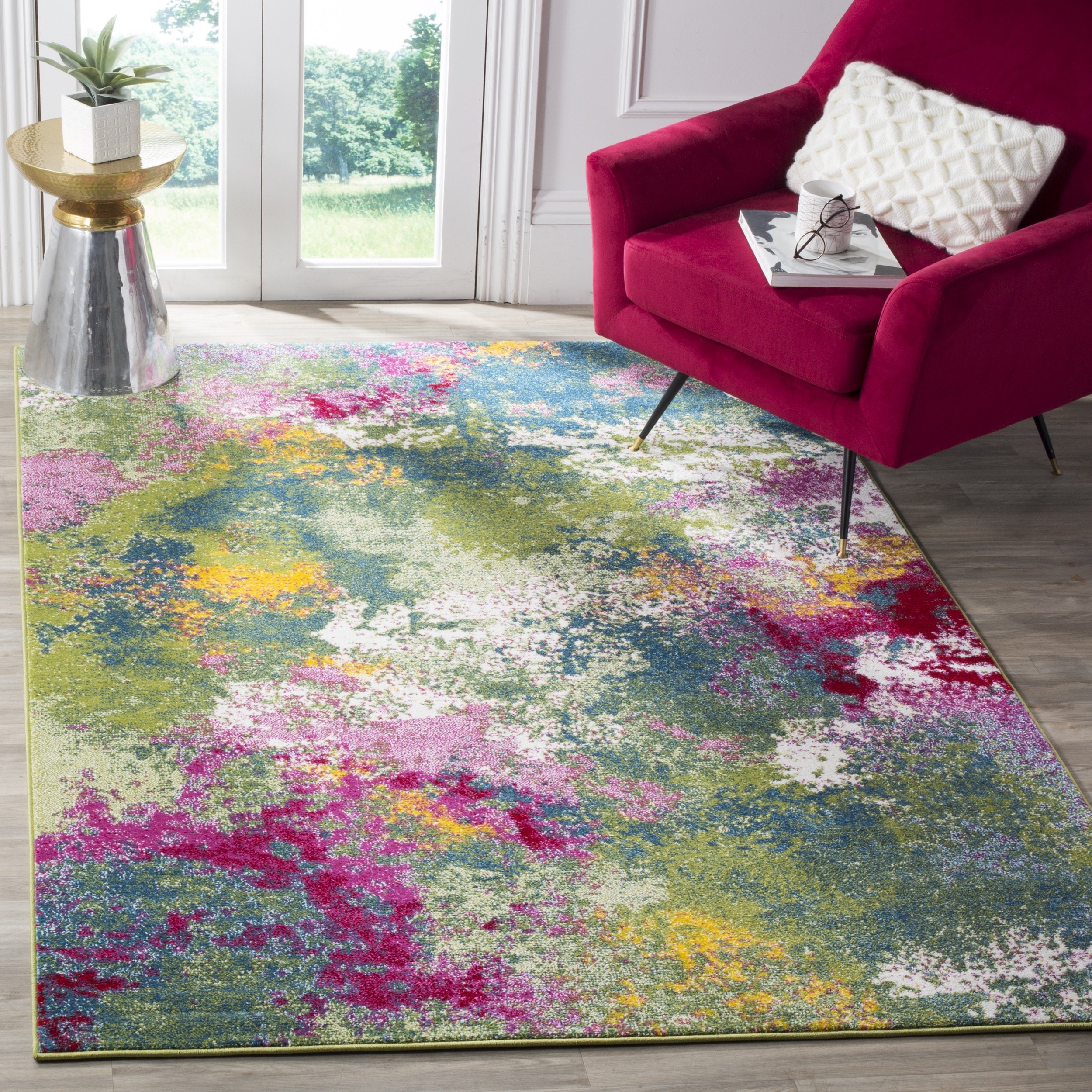 SAFAVIEH Area Rug 8x10 - Watercolor Collection - Large - Green & Fuchsia, Colorful Boho Abstract Design, Non-Shedding & Easy Cleaning, Ideal for