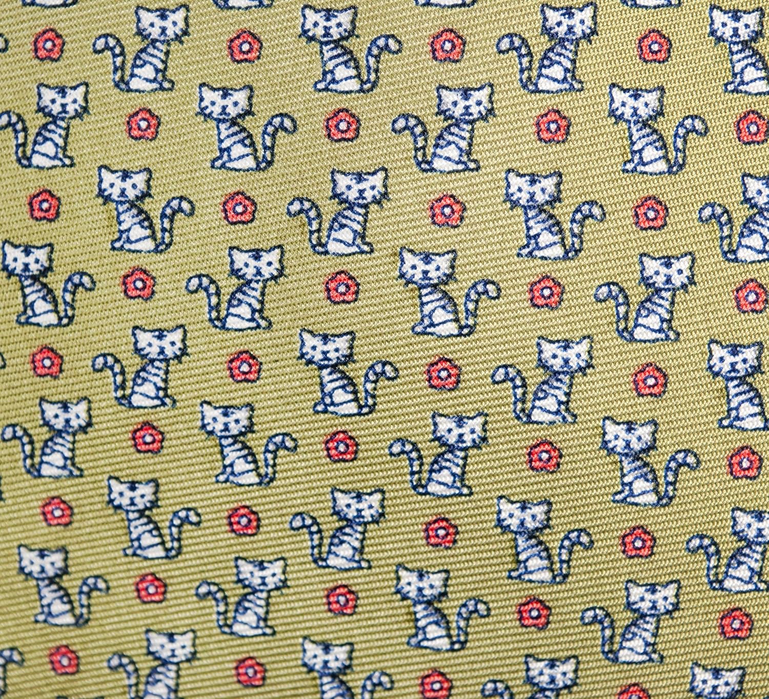Men's 100% Silk Neckties Cat Printed Tie (Olive Green)