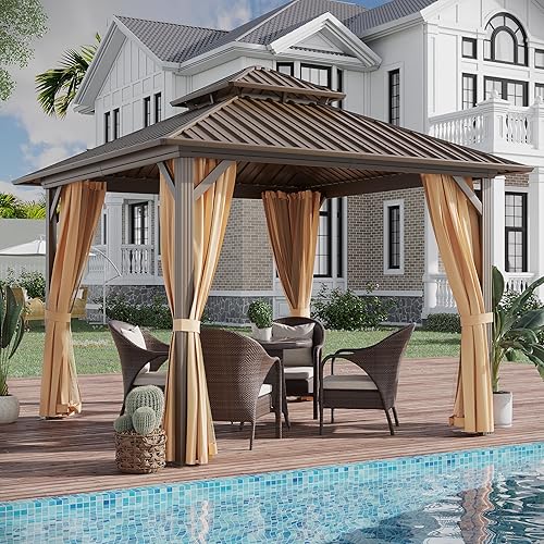 Miniatura 3 de GAZEBEST Gazebo permanente de 10 x 13 pies, toldo de pérgola de doble techo de policarbonato para exteriores con marco de aluminio y cortinas de
