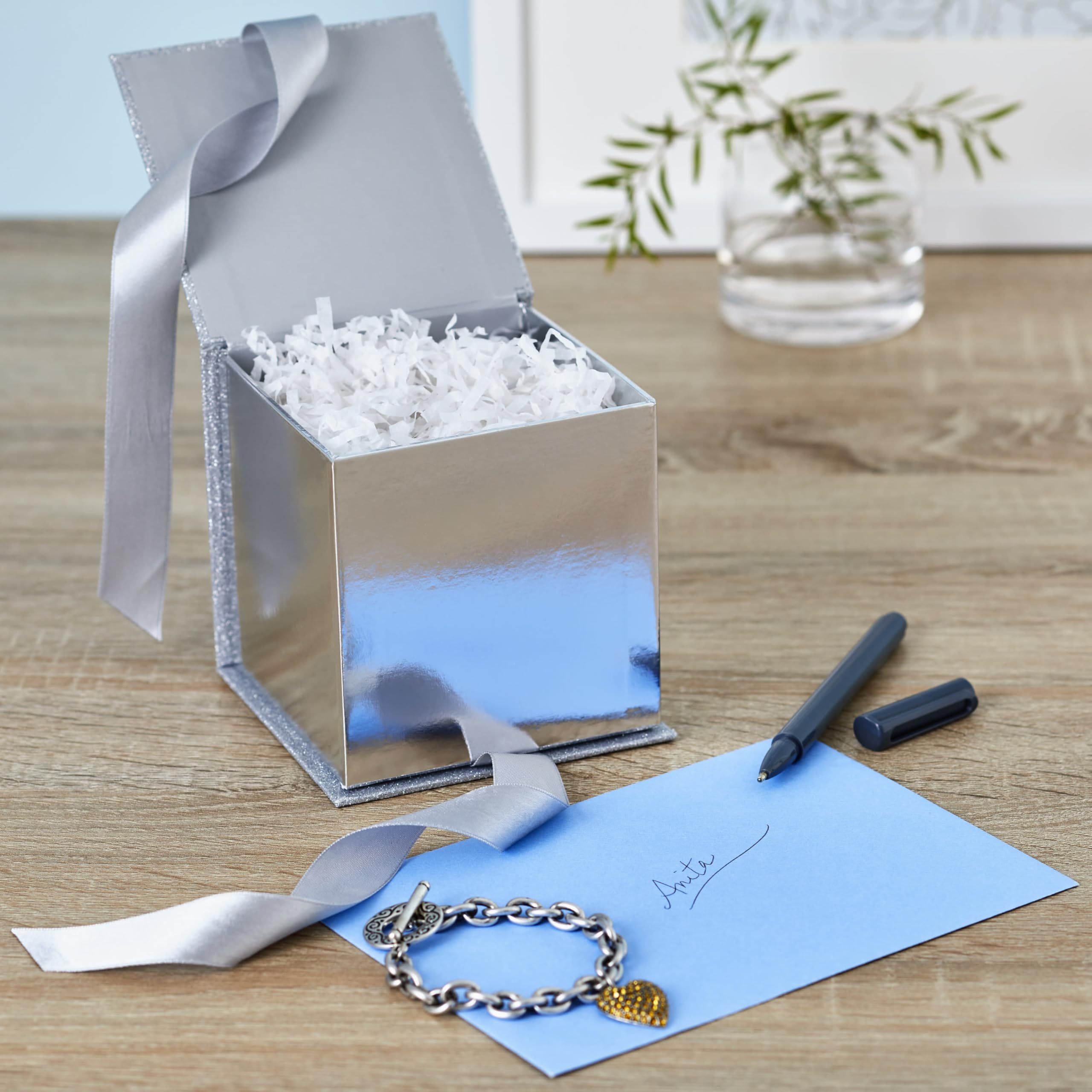 Hallmark Small Gift Box with Bow and Shredded Paper Fill (Silver Signature 4 inch Gift Box with Glitter) for Weddings, Graduations, Bridal Showers, Anniversaries, All Occasion
