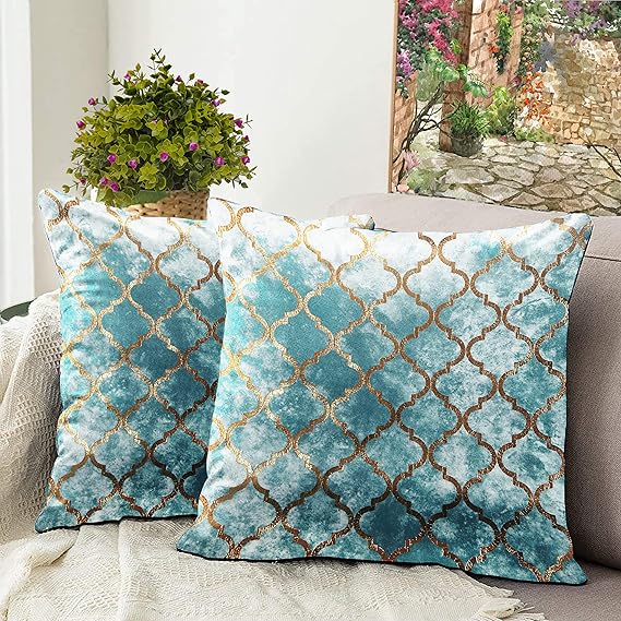 BLUE GRASS Digital HD Foil Print Velvet Cushion Cover - Set of 2, 24x24 Inch || Sea Green