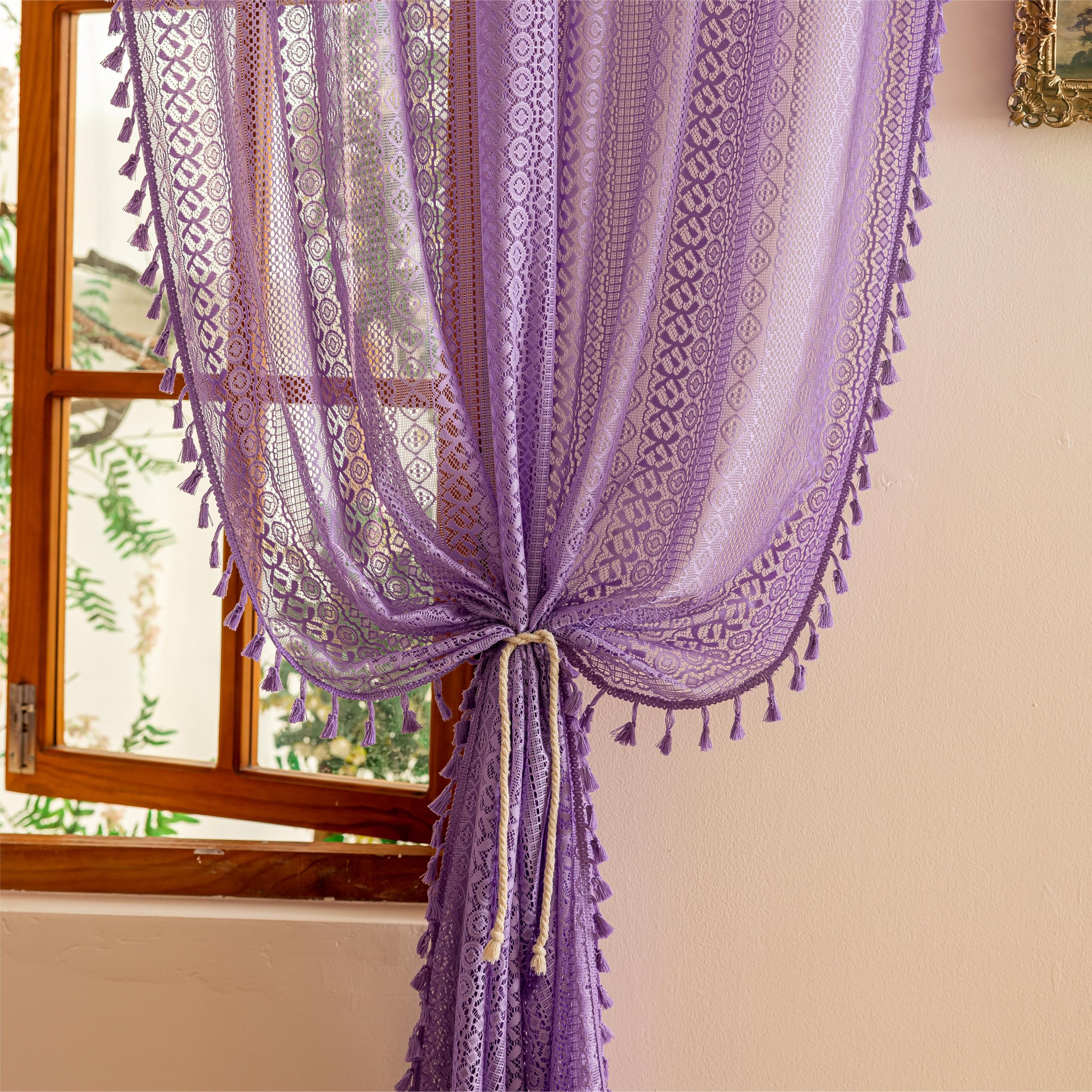 Sutuo Home Lavendar Boho Lace Curtains for Kitchen Kid's Room, Semi Sheer Macrame Bohemian Cottagecore Farmhouse Fringes Crochet Vintage Chic Window Treatment Drapes, Rod Pocket 1 Panel 59" W x 63" L