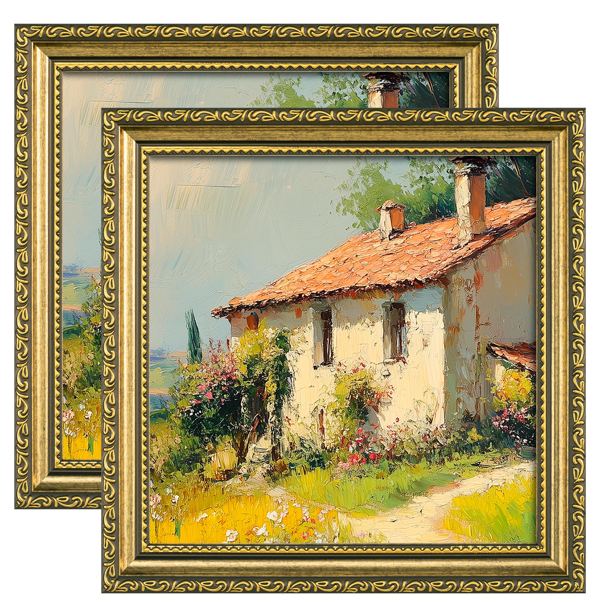 eletecpro 8x8 Vintage Picture Frame, Glass Cover, Gold, 2-Pack