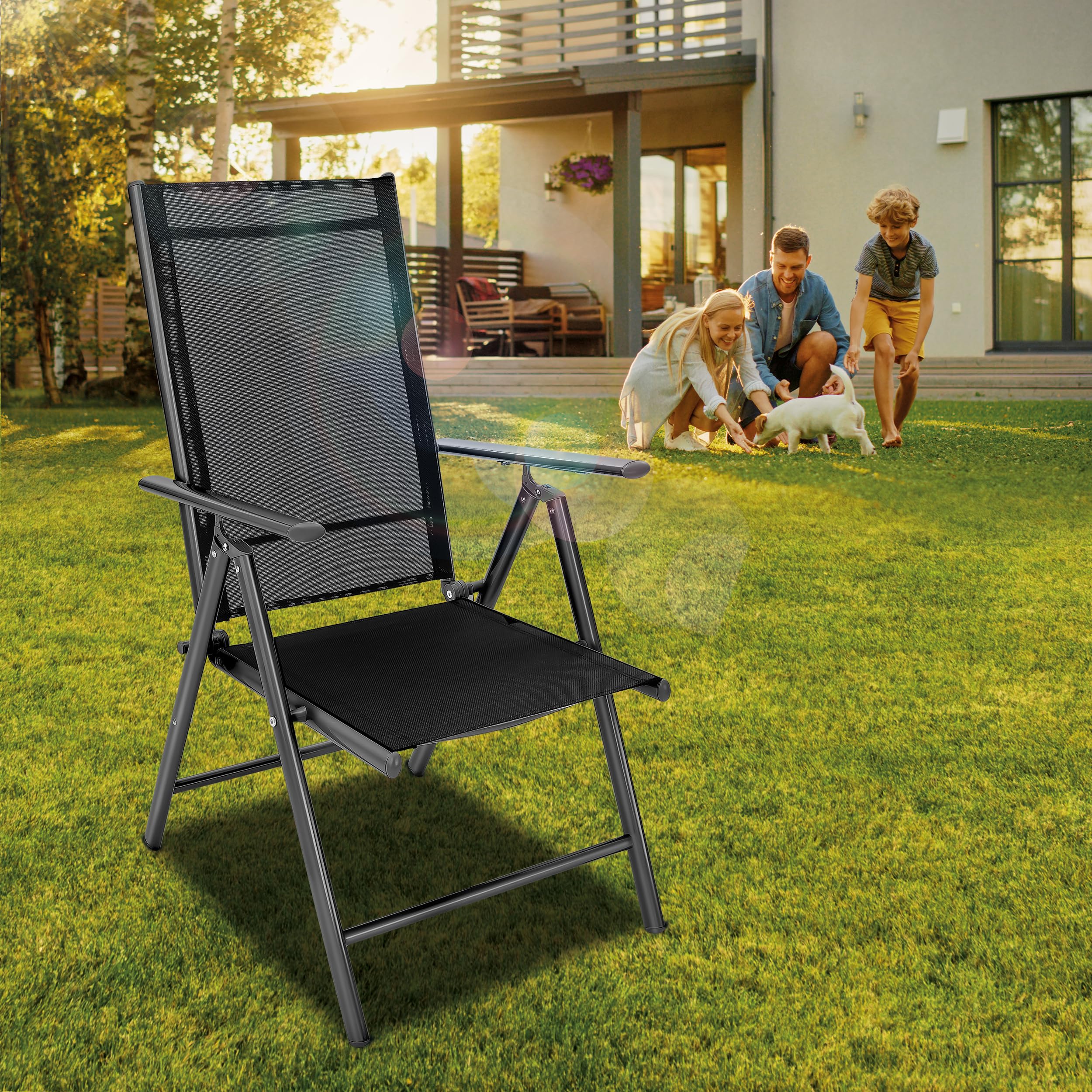 tillvex Gartenstuhl 2 Stück klappbar aus Aluminium | Hochlehner mit Armlehnen | Klappstuhl verstellbar | Klappsessel Balkon Garten Terrasse (Anthrazit)