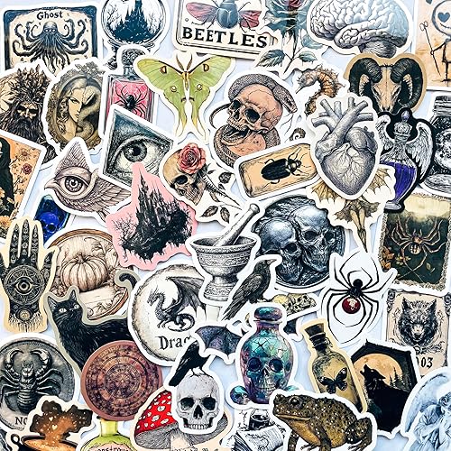 50-Piece Gothic Dark Academia Sticker Pack – Vintage Spooky Medieval, Occult, Supernatural, Witchcraft Goth Decals for Laptop, Journal, Water Bottle, Scrapbook - Dark Academia
