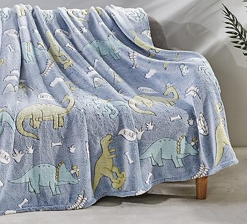 FAITH HOPE LOVE HOME DÉCOR Manta cósmica de ultra felpa que brilla en la oscuridad 50 x 60 pulgadas Blue Dino Pals