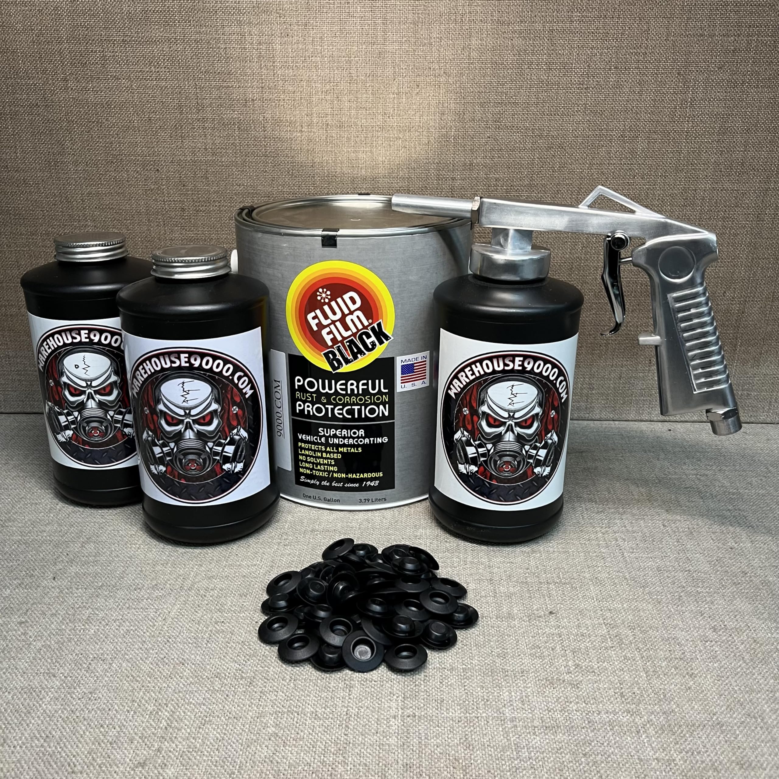 Fluid F1lm Black Gallon, Standard Economy Undercoating Gun, 3 Black Quart Bottles, and 50 Rust Plugs