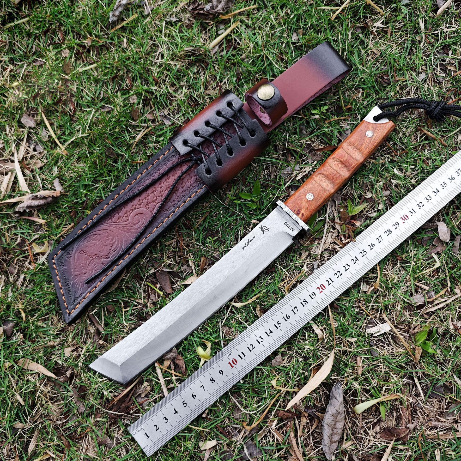 Cuchillos de hoja fija Caza está hecho de acero M390 tanto Mango De Madera, Con Funda De Cuero, Camping De Supervivencia Para Outdoor Supervivencia y Camping (V)