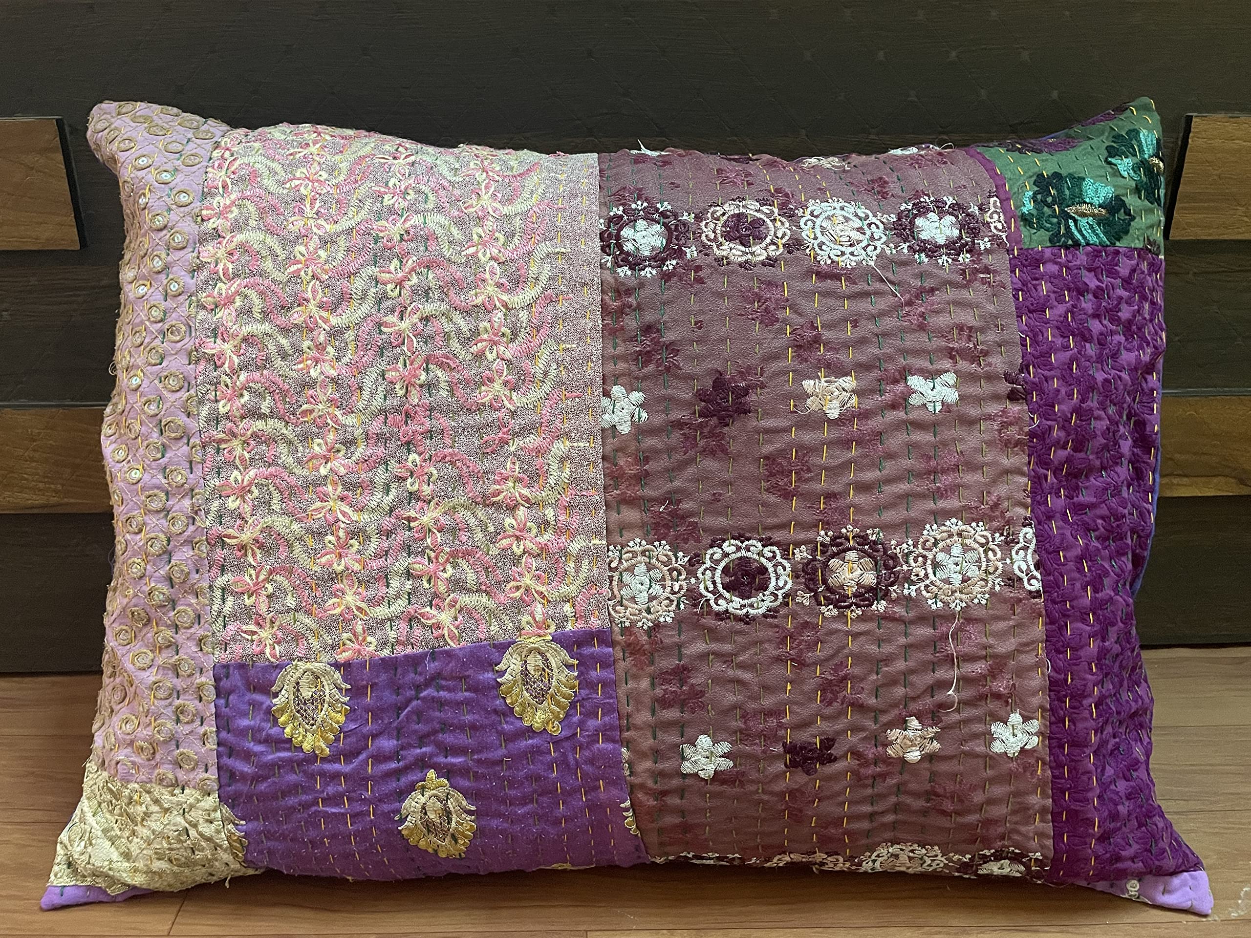 Copricuscino Kantha Ricamato A Mano 50x80 Cm – Federa In Cotone Indiano Patchwork, Stile Bohémien Per Divano E Letto, Viola - 3