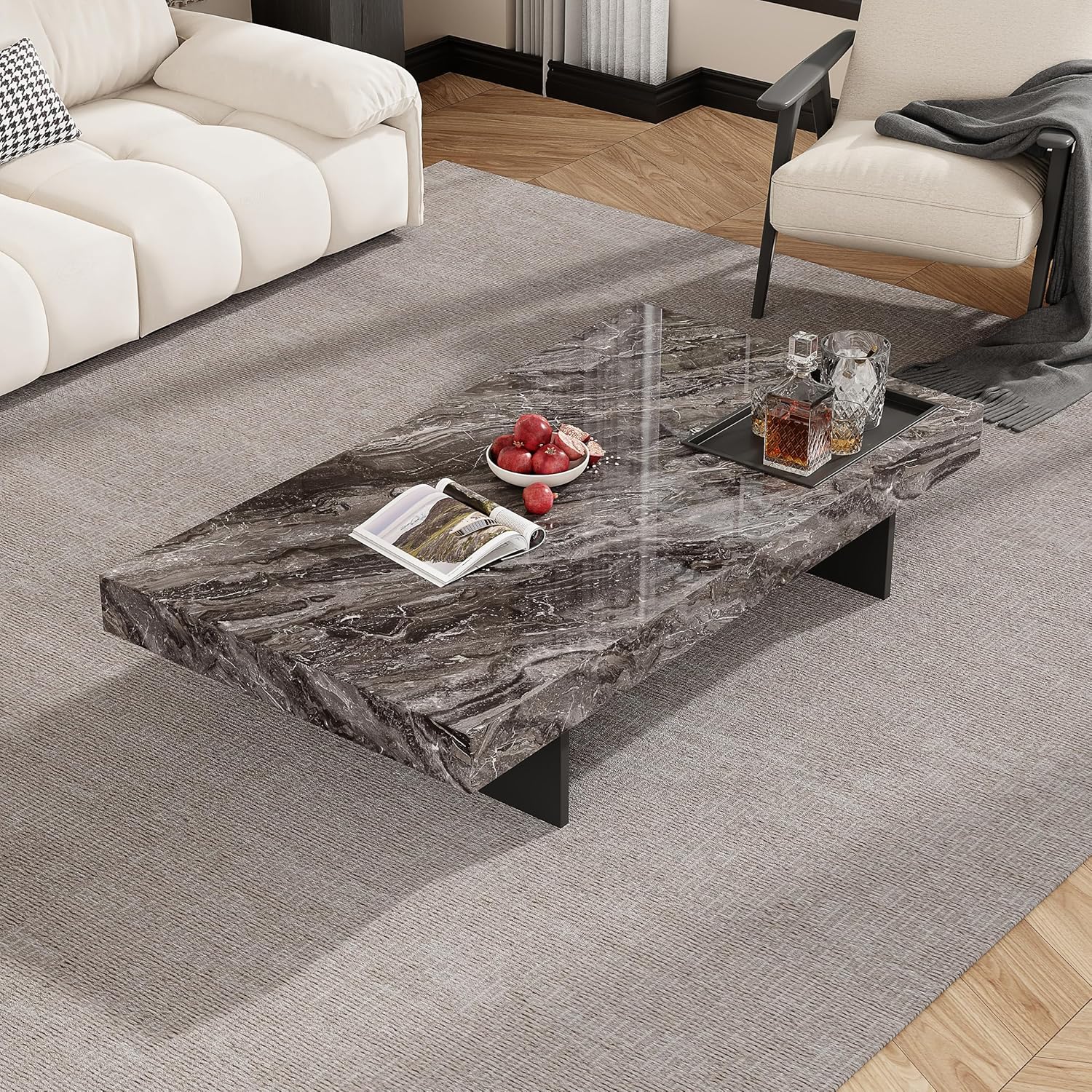 Modern Coffee Table for Living Room, 51.2" Large Rectangle Living Room Table Sintered Stone Tabletop with Black Stainless Steel Legs, Center Table for Home Office