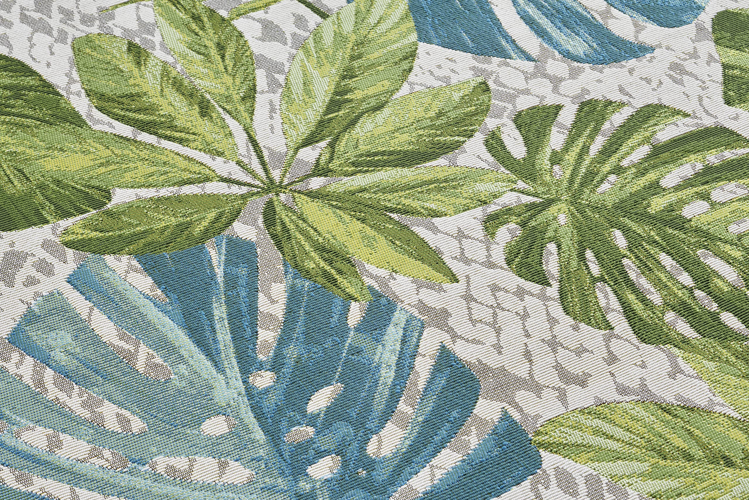 HANSE Home Tropical Leaves - Tappeto per interni ed esterni, in tessuto piatto, con foglie di palma, ecologico, resistente alle intemperie e ai raggi UV, per balcone, terrazza, giardino, turchese,