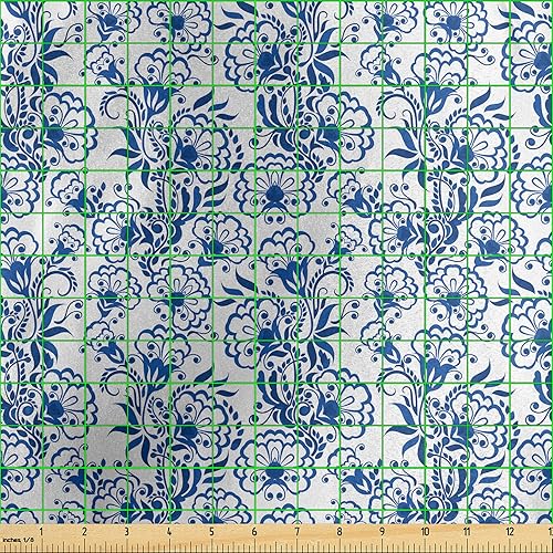 Miniatura 3 de Ambesonne Blue Fabric by The Yard, Delicate Spring Season Themed Floral Pattern in Traditional Russian Gzhel Style, Decorative Satin Fabric for Home