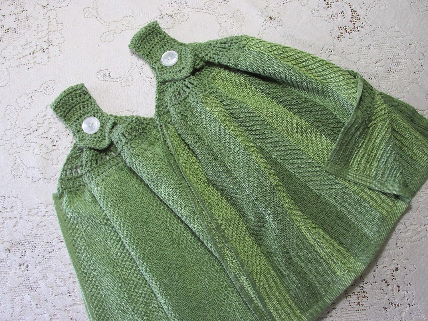 Set of 2 Green Doubled Chevron Design Hanging Kitchen Towels with Green Cotton Crochet Top