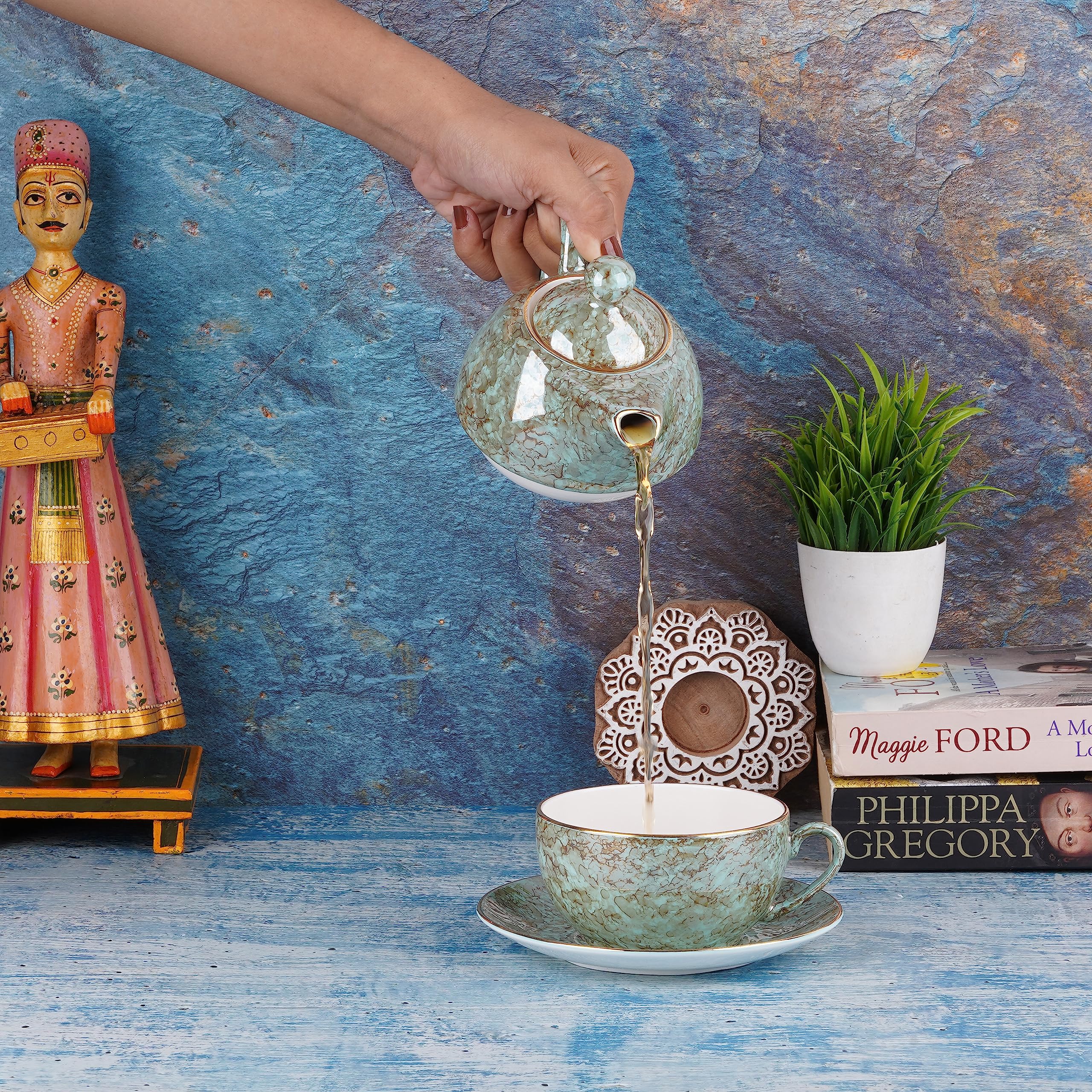 Dandy Lines Tea for One Set - Aqua Gold Tea Set -9