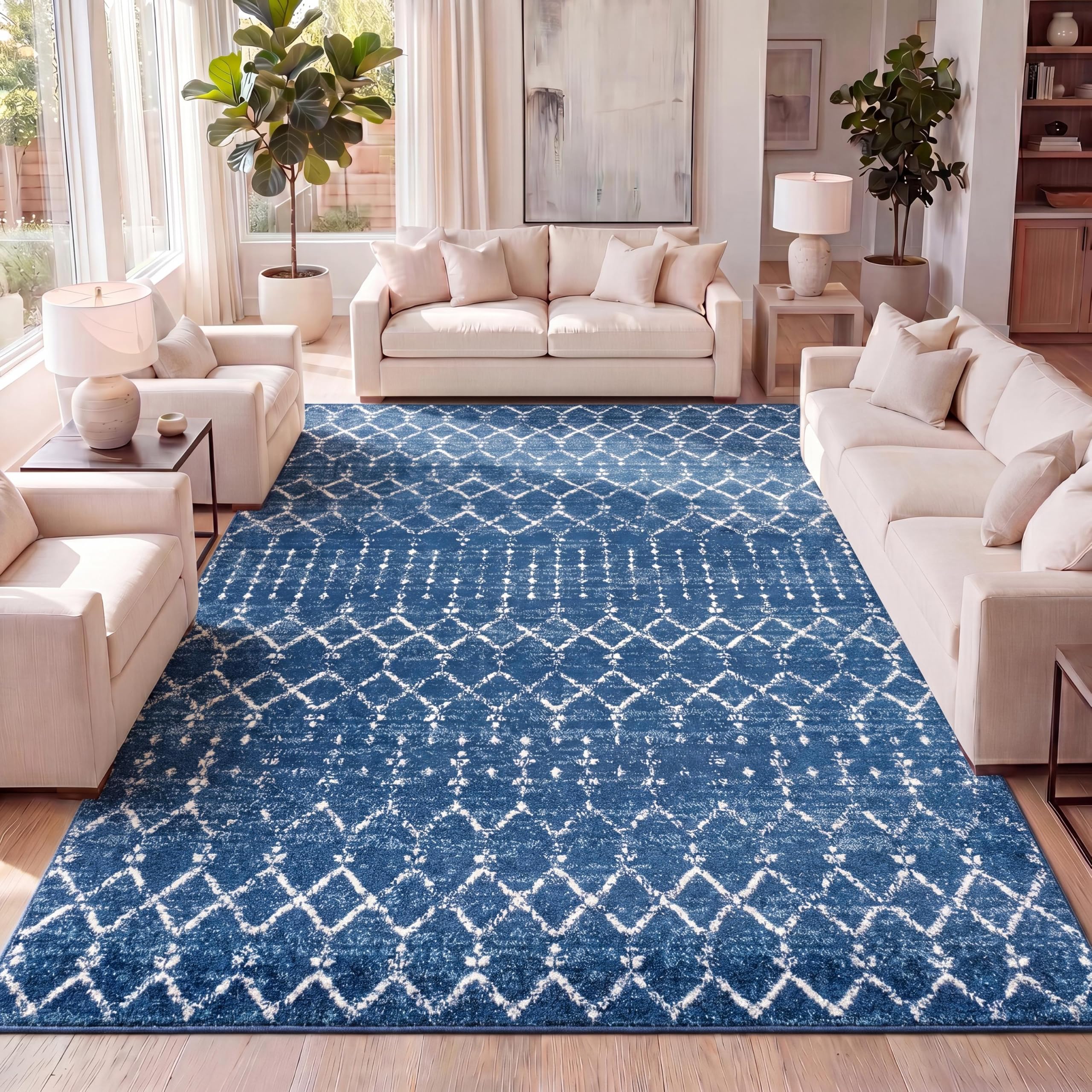 JONATHAN Y Boho Vintage Diamond Blue/White Indoor Area Rug 5X8 ft, Moroccan Hype for Living Room, Bedroom, Kitchen, Office, Easy-Cleaning, High