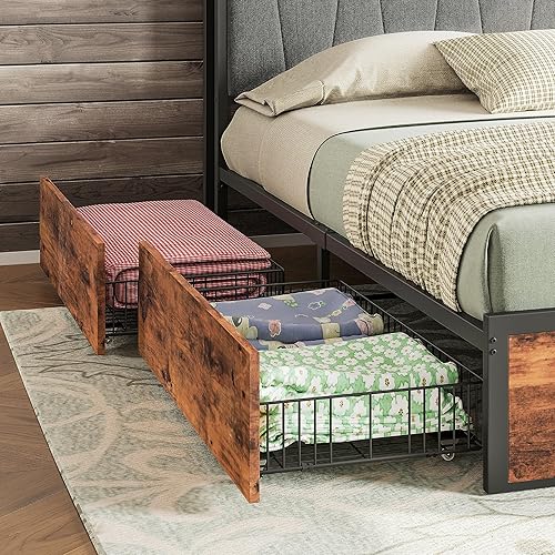 Miniatura 7 de LIKIMIO Base de cama Queen con 4 cajones de almacenamiento, cama de plataforma con cabecera cargada, resistente y estable, sin ruido, no necesita