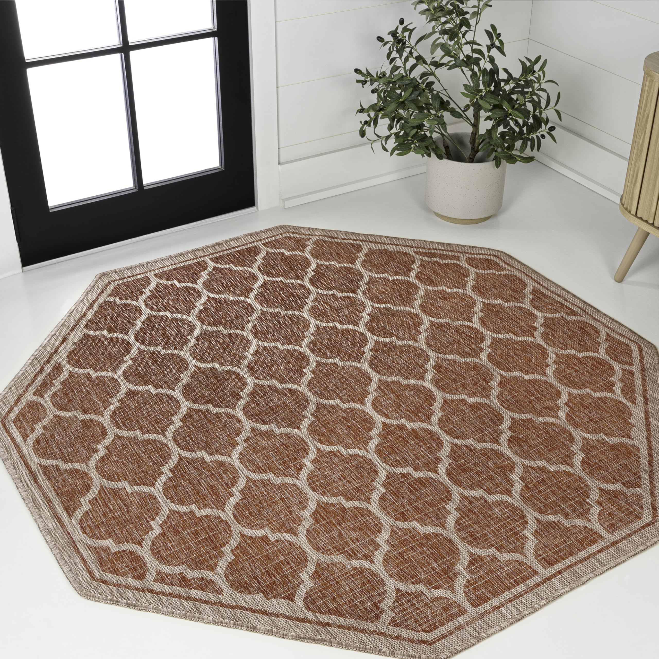 jonathan y moroccan trellis indoor outdoor octagon area rug 5 ft red/beige, trebol textured weave for backyard, patio, porch, easy-cleaning, high traffic, pet-friendly, non-shedding (smb109c-5tgn)