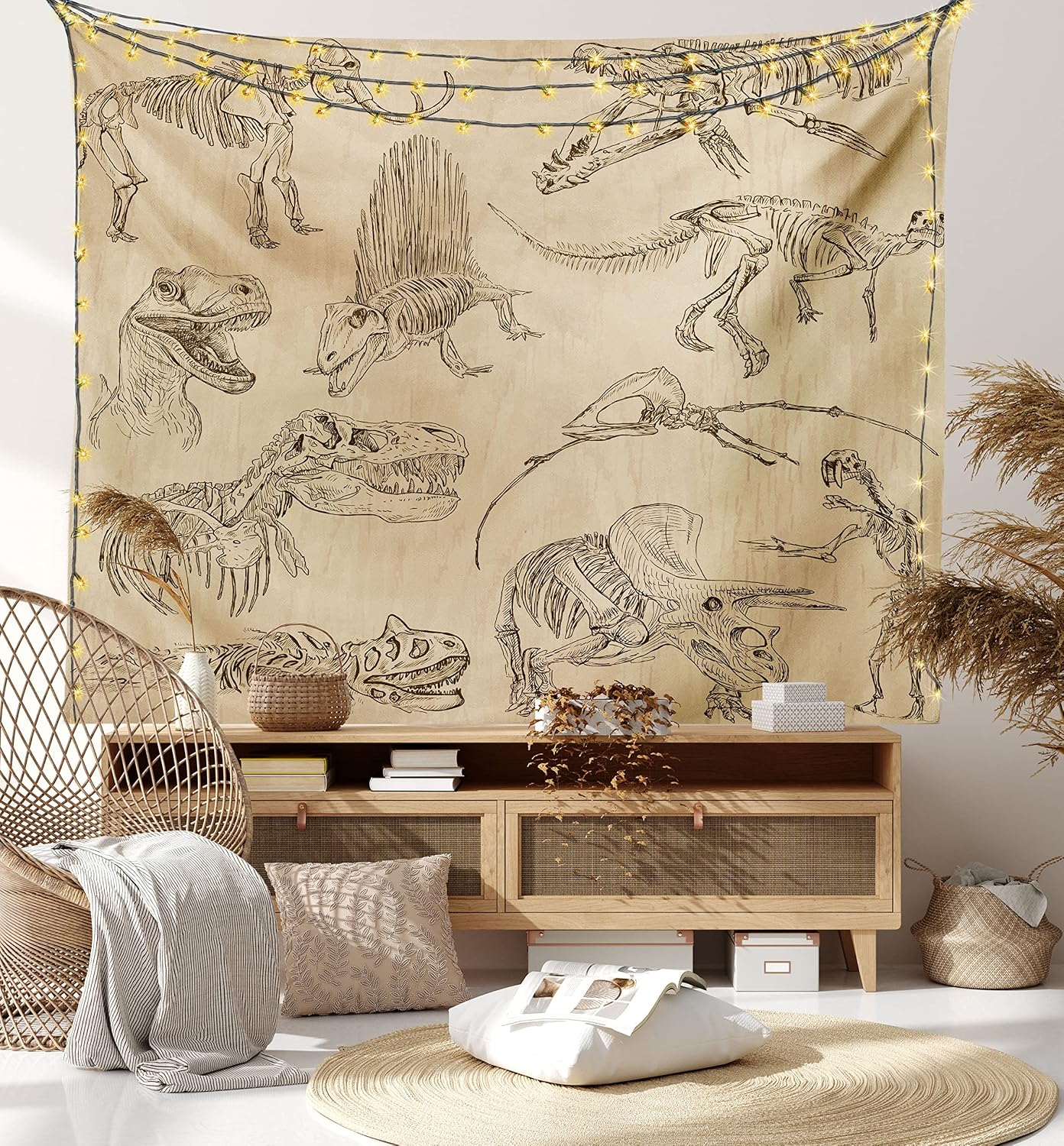 Lunarable Dinosaur Tapestry, Hand Drawn Style Skeletons Bones from Medieval Times Archeology Theme, Fabric Wall Hanging Decor for Bedroom Living Room Dorm, 45" X 30", Sand Brown Army Green