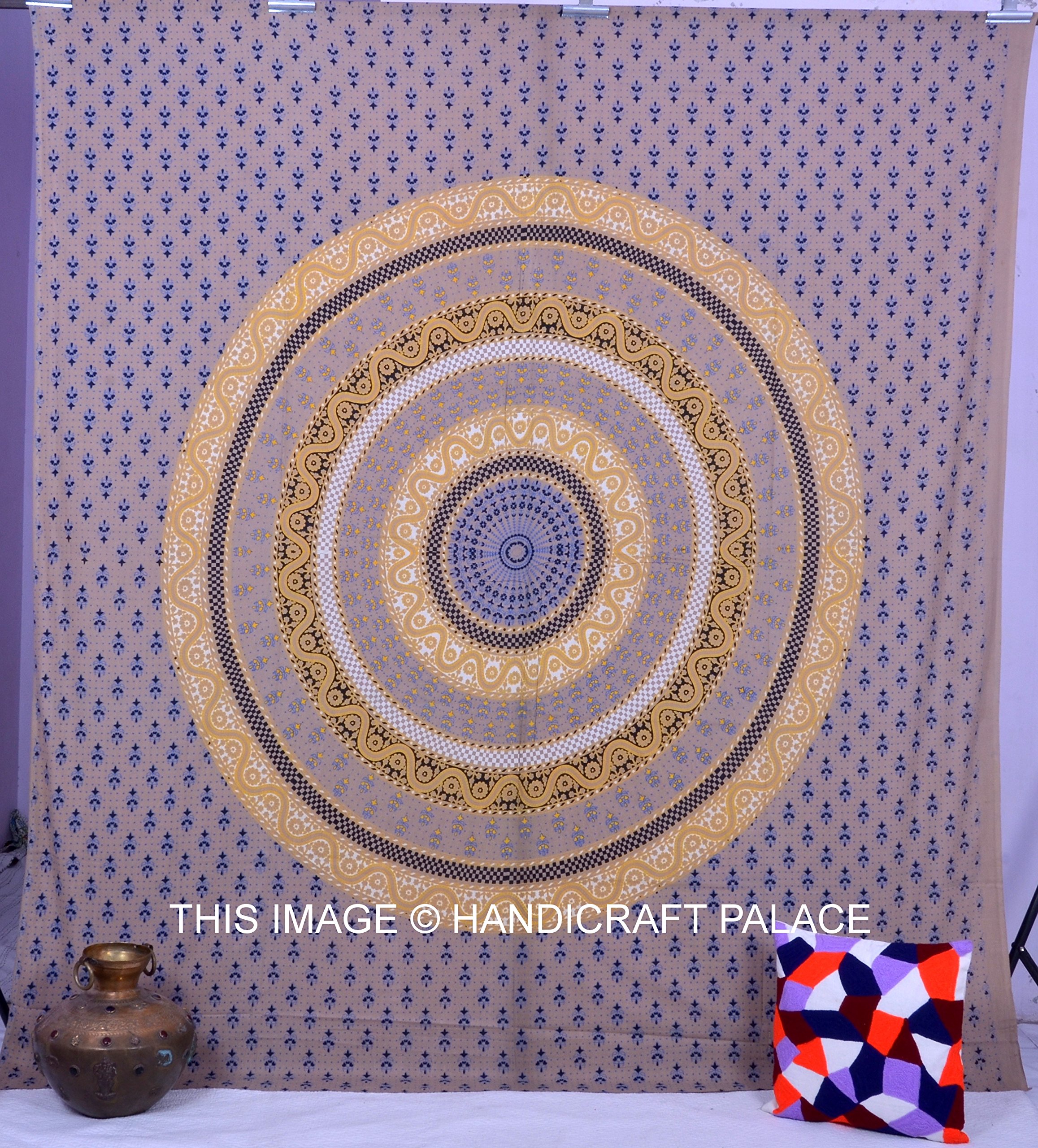 Handicraft-Palace Beige Elephant Mandala Printed Wall Hanging Bedspread Bedsheet Tapestry Beach Throw Double Cotton Bed Cover Bed Throw Bedding-image-15