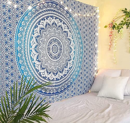 Tapiz de mandala para decoración de dormitorio y sala de estar tapices de algodón bohemios para colgar en la pared azul degradado 84 x 54 pulgadas