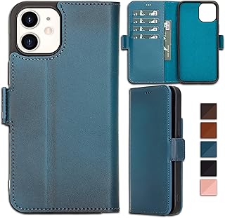 Bayelon for iPhone 12 and 12 Pro 6.1â€ Leather Wallet Case, Full Grain Leather Folio Flip Cover, RFID Blocking Credit Card Holder (Burnt Blue)