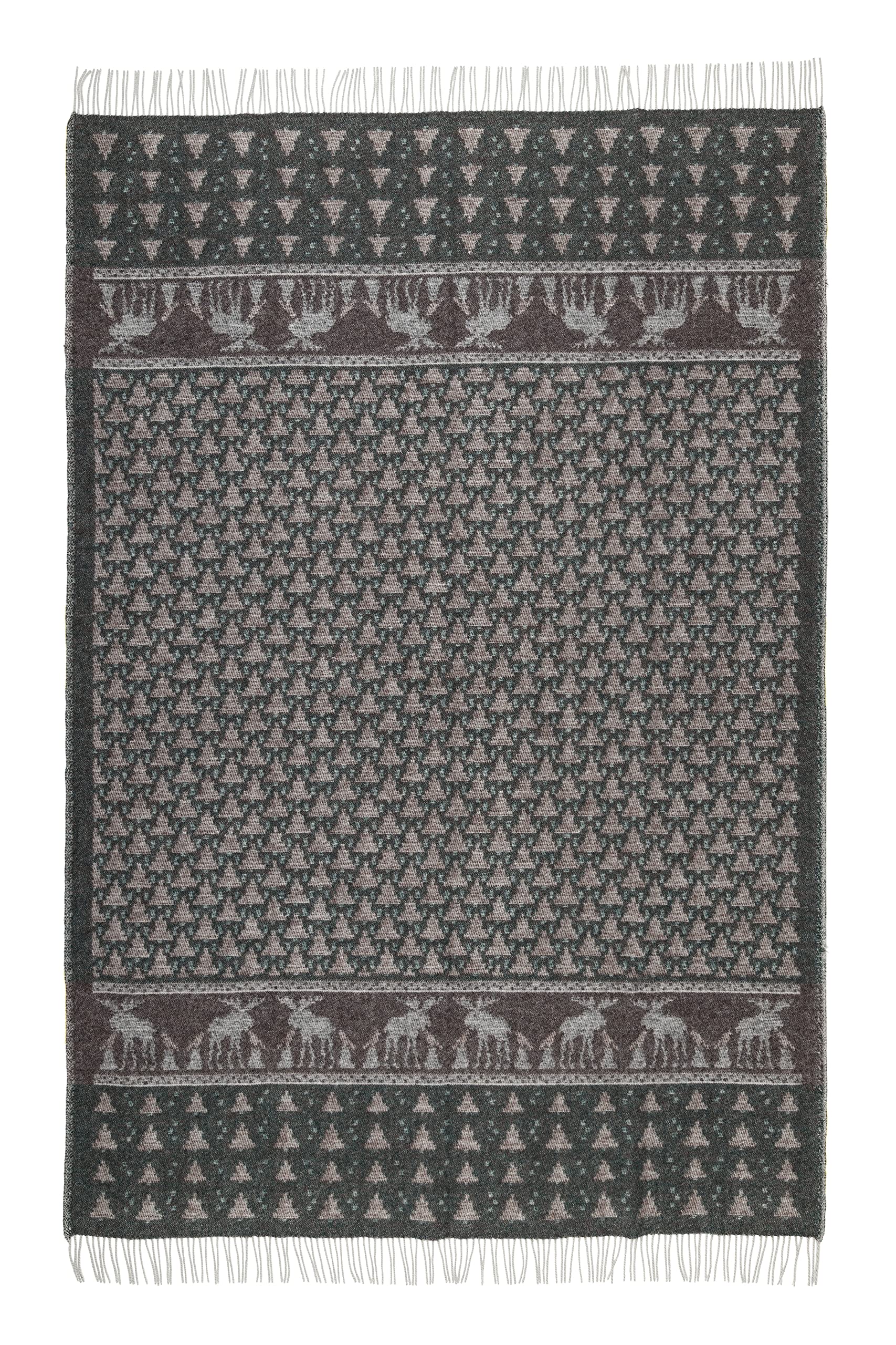 ÖJBRO VANTFABRIK – Skogen – Wolldecke mit Fransen, 130 × 200 cm, aus 100% Schafwolle, gewebt, warm & weich, folkloristisches nordisches Design