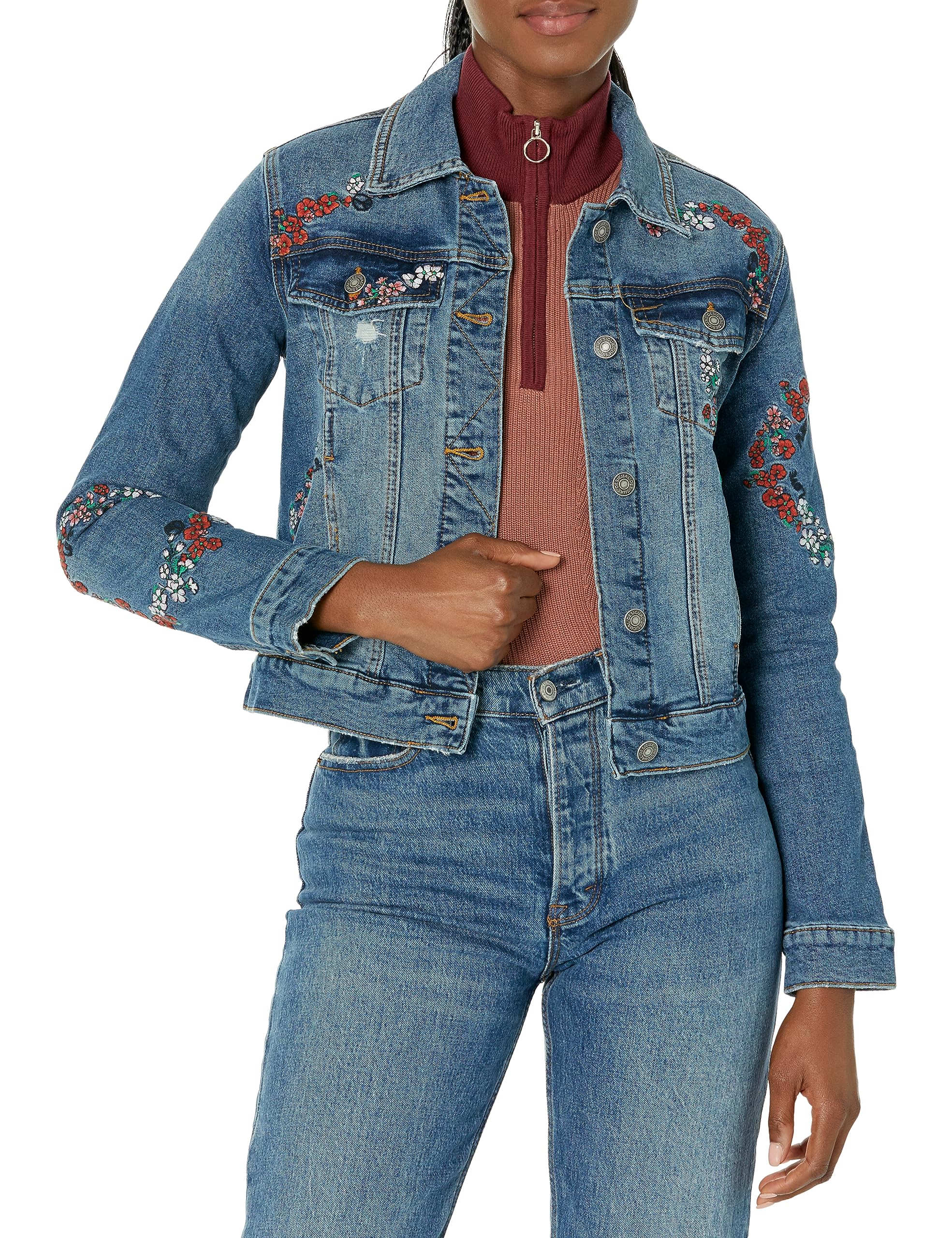 Embroidered denim trucker jacket - BLUE - L