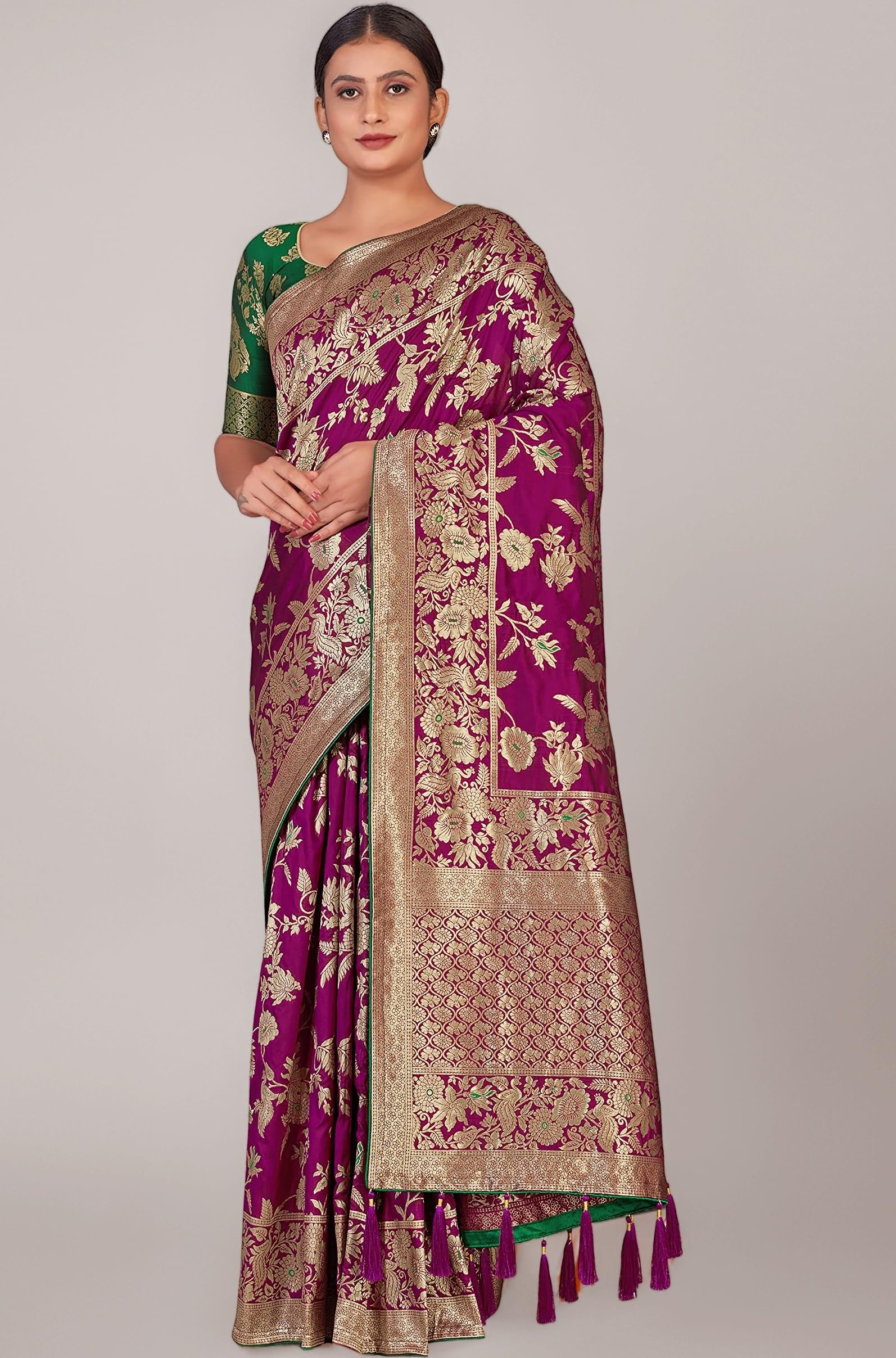 Monjolika Fashion Women's Banarasi Silk Blend Woven Zari With Tussles Saree and Jacquard Woven Blouse Piece (37765 color)