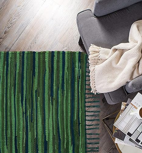 Miniatura 4 de Alfombra de trapo de algodón de 24 x 36 pulgadas, multicolor, tejida a mano, lavable y reversible para sala de estar, cocina, entrada, con borlas