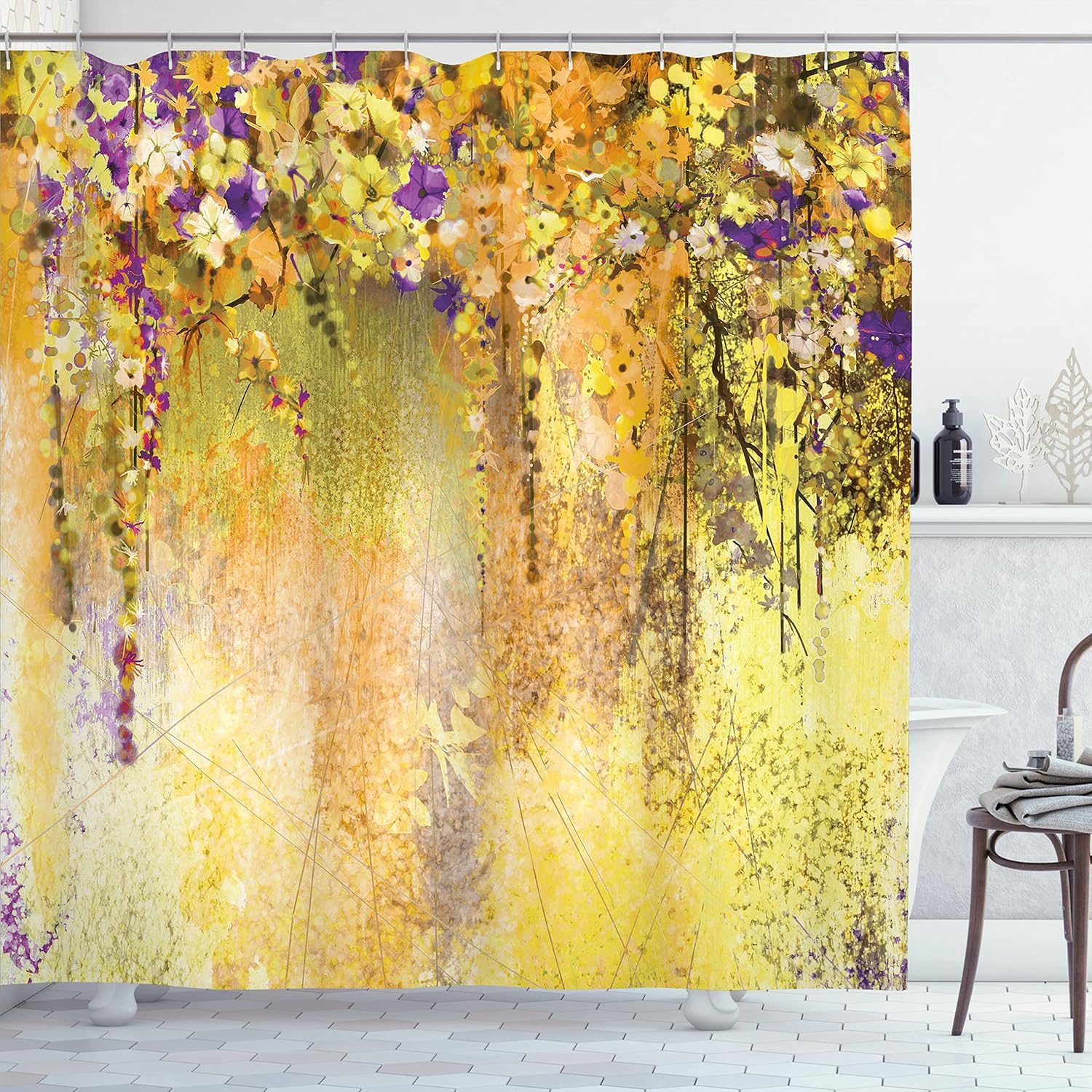 Ambesonne Flower Shower Curtain, Abstract Herbs Alternative Medicine Blossoms Ivy Back Florets Shrubs Design, Cloth Fabric Bathroom Decor Set with Hooks, 69" W x 70" L, Mustard Purple