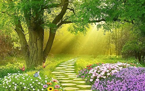 Miniatura 2 de Papel tapiz para dormitorio, sala de estar y fondo de TV, diseño de bosque con flores y sendero (no es autoadhesivo)