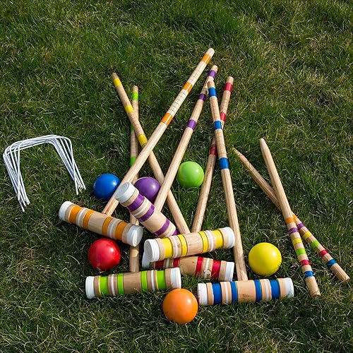 Miniatura 4 de Juego completo de croquet con estuche de transporte, bola multicolor de 3 pulgadas, madera para niños y niñas
