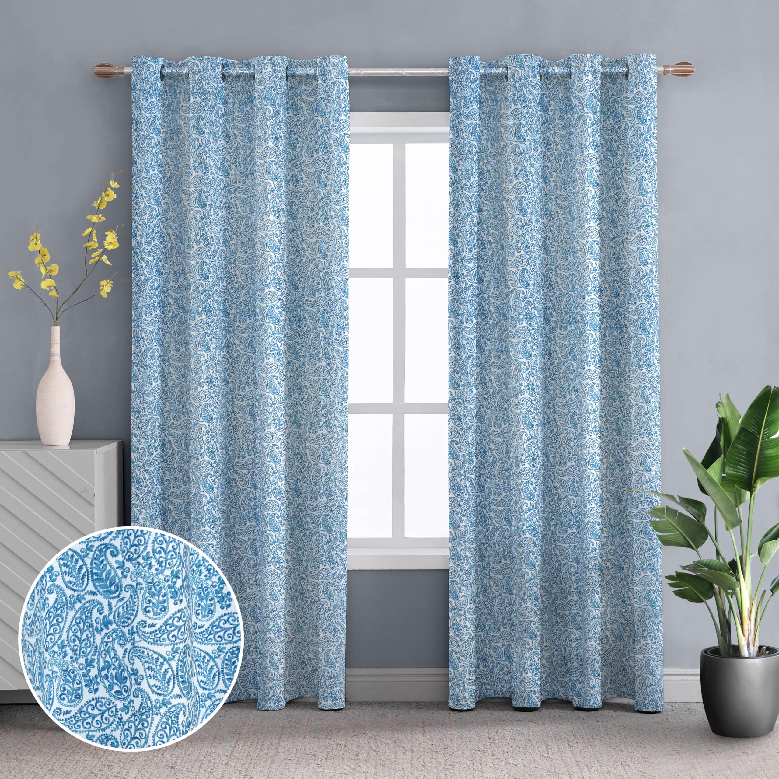 THE LINEN COMPANY Soft Cotton Printed Grommet Door Curtain, 7.5 Feet, Blue Paisley, Pack of 2 Pcs